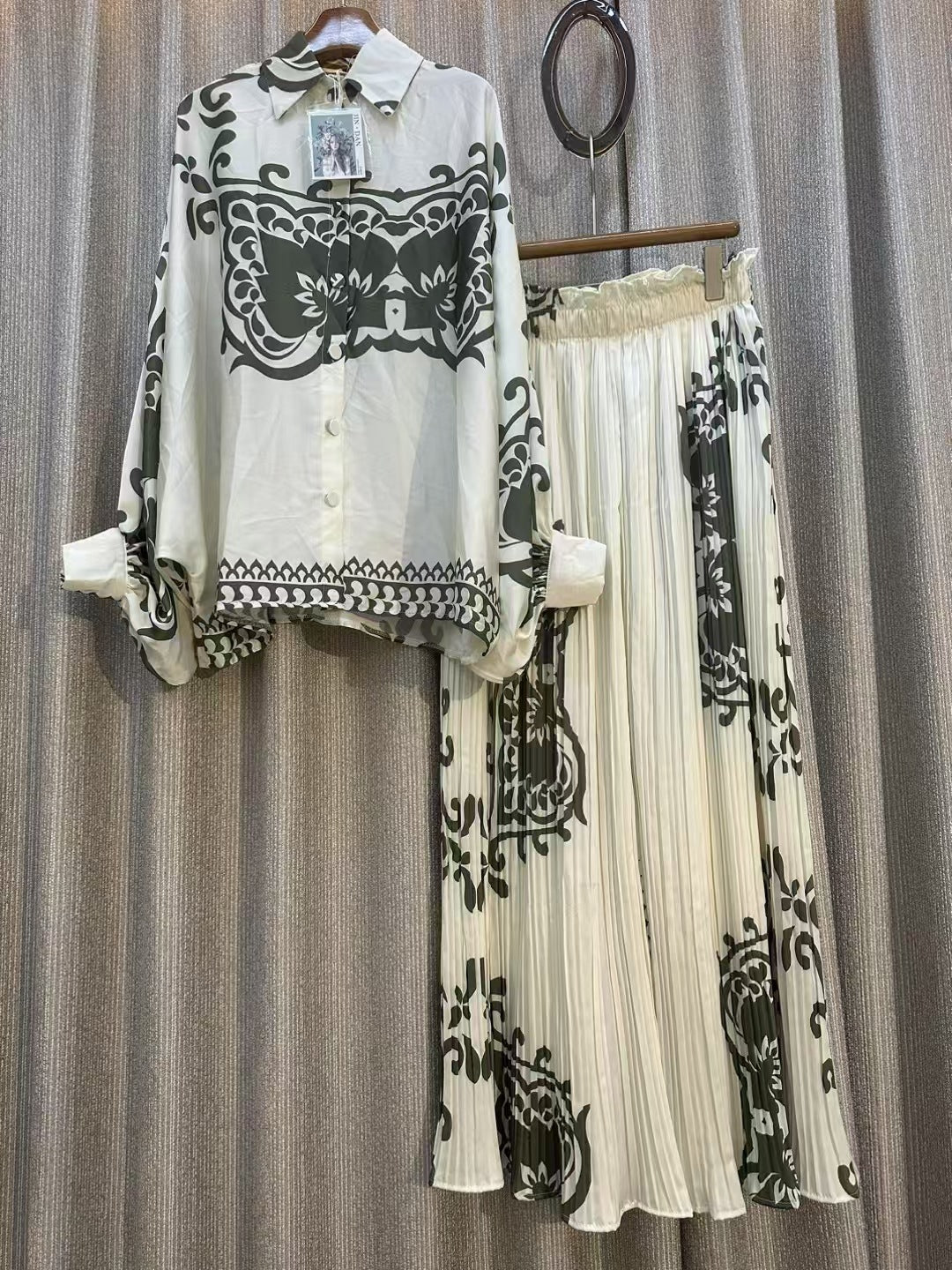 Personalized Printed Shirt Top High Waist Draped Wide Leg Pants Two-piece Set