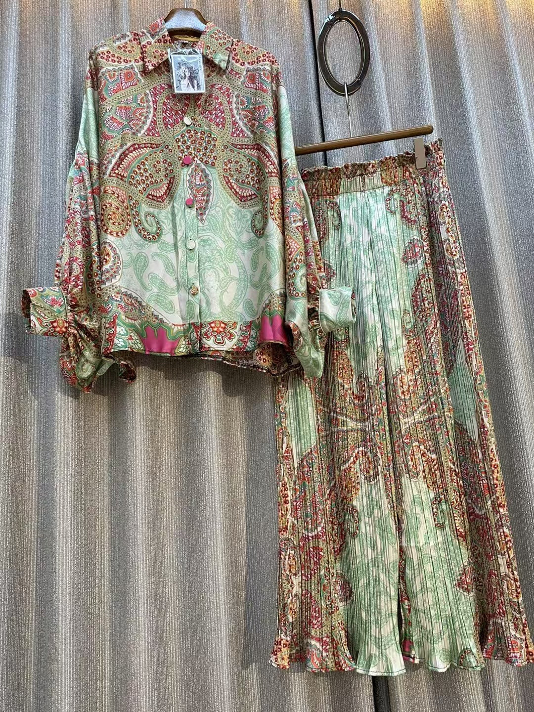 Personalized Printed Shirt Top High Waist Draped Wide Leg Pants Two-piece Set