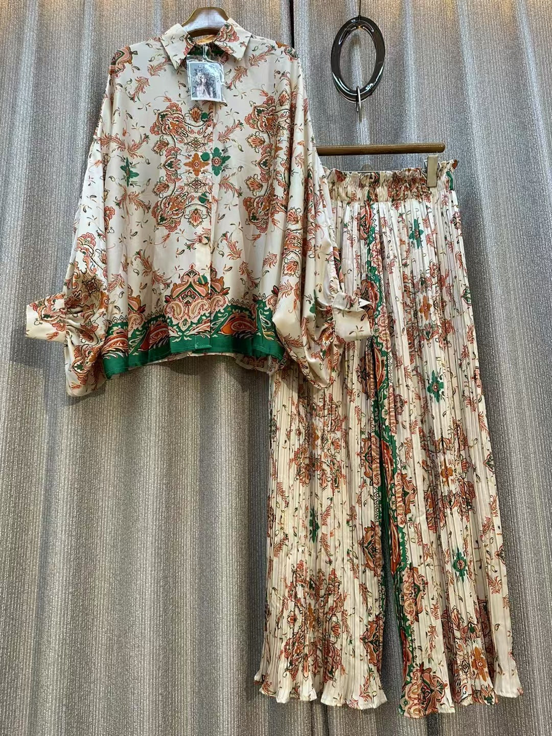 Personalized Printed Shirt Top High Waist Draped Wide Leg Pants Two-piece Set