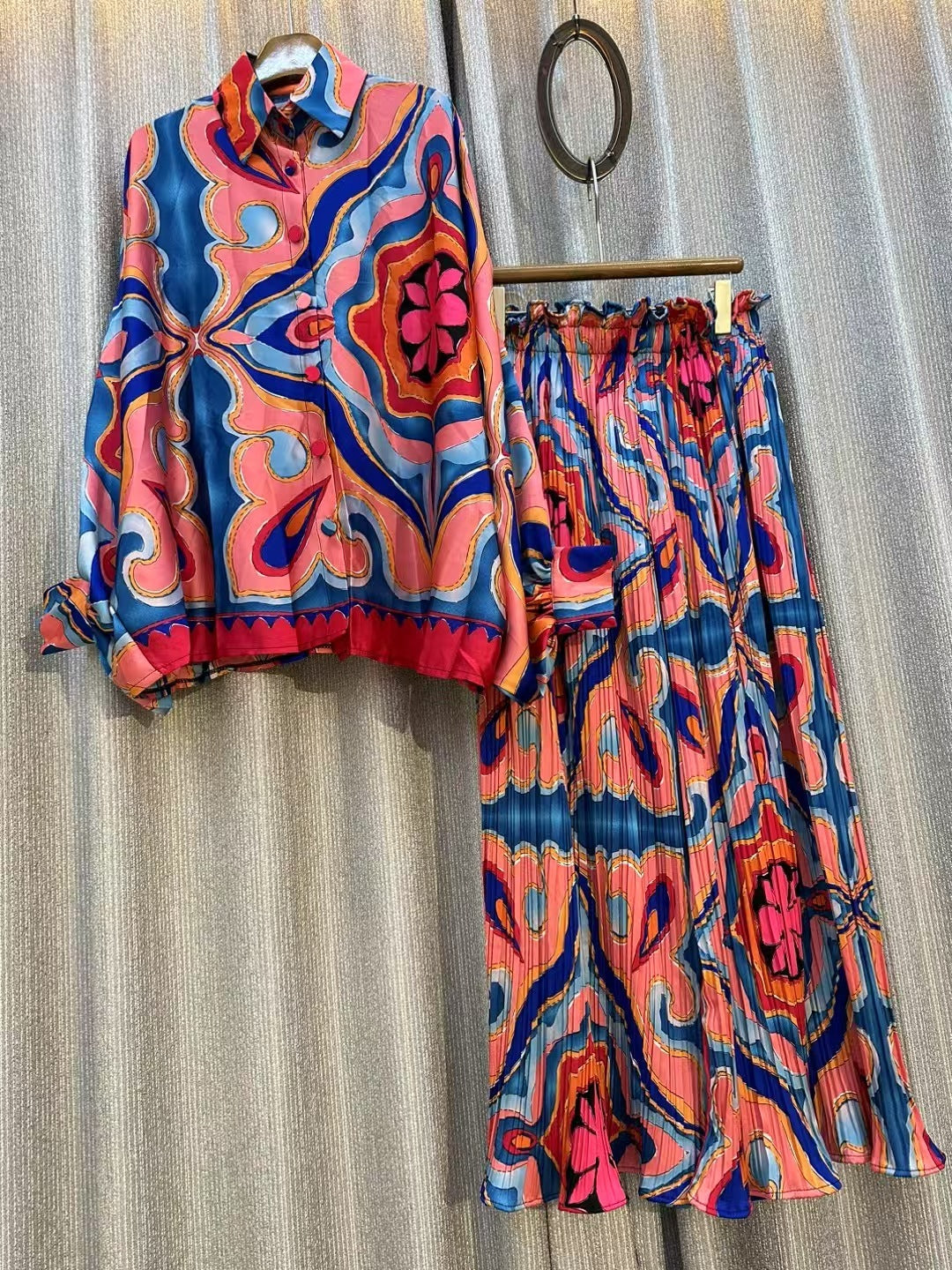 Personalized Printed Shirt Top High Waist Draped Wide Leg Pants Two-piece Set