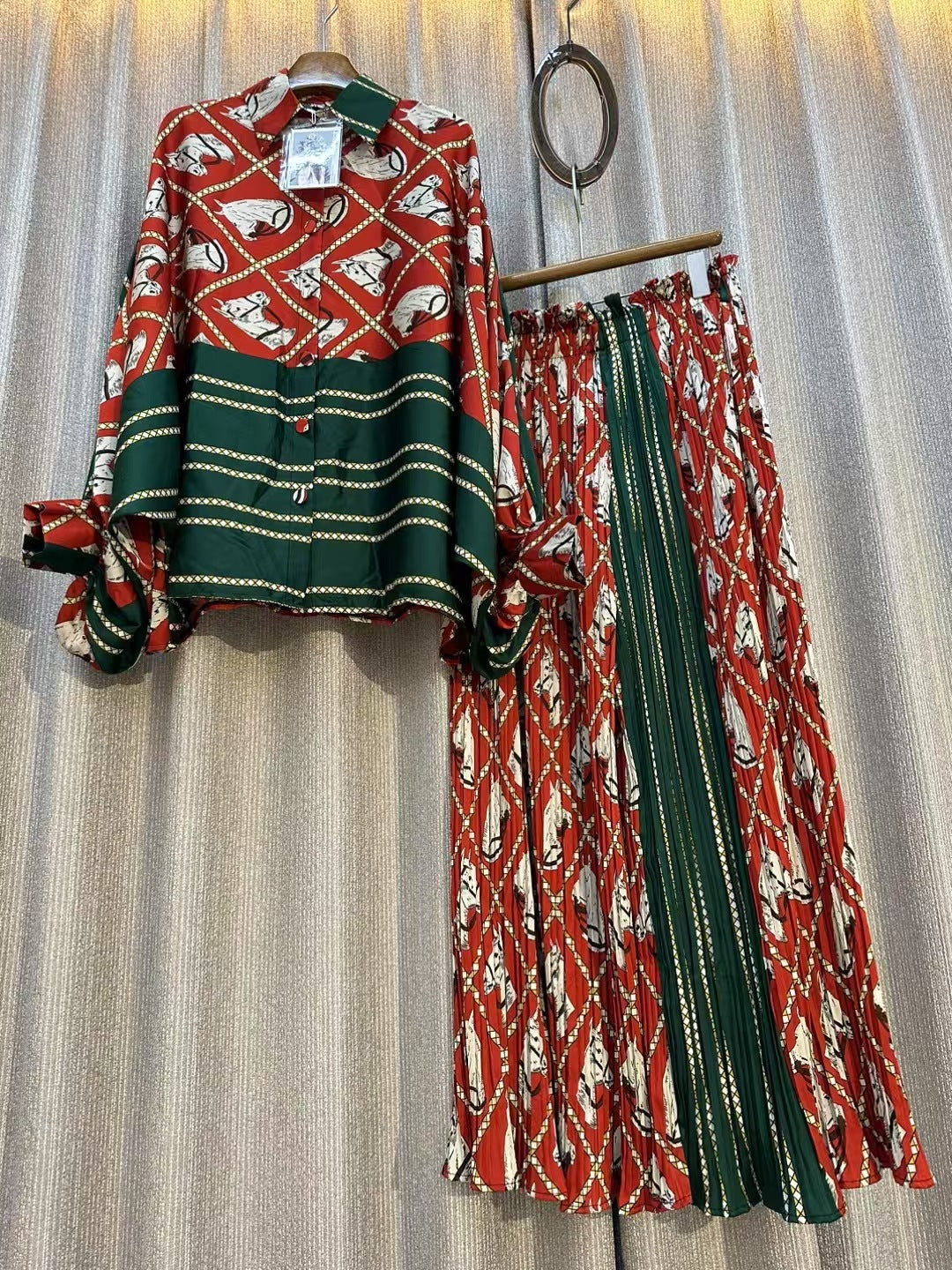 Personalized Printed Shirt Top High Waist Draped Wide Leg Pants Two-piece Set