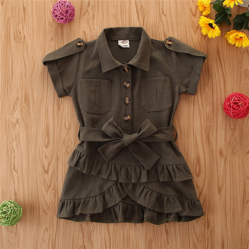 Baby Spring summer Clothing Toddler Girls Bandage Casual Dress Coat kids Ruffled Button solid dress
