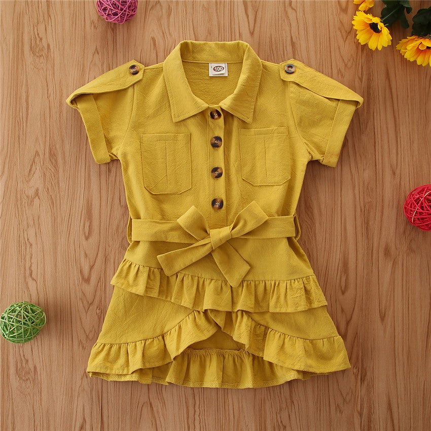 Baby Spring summer Clothing Toddler Girls Bandage Casual Dress Coat kids Ruffled Button solid dress