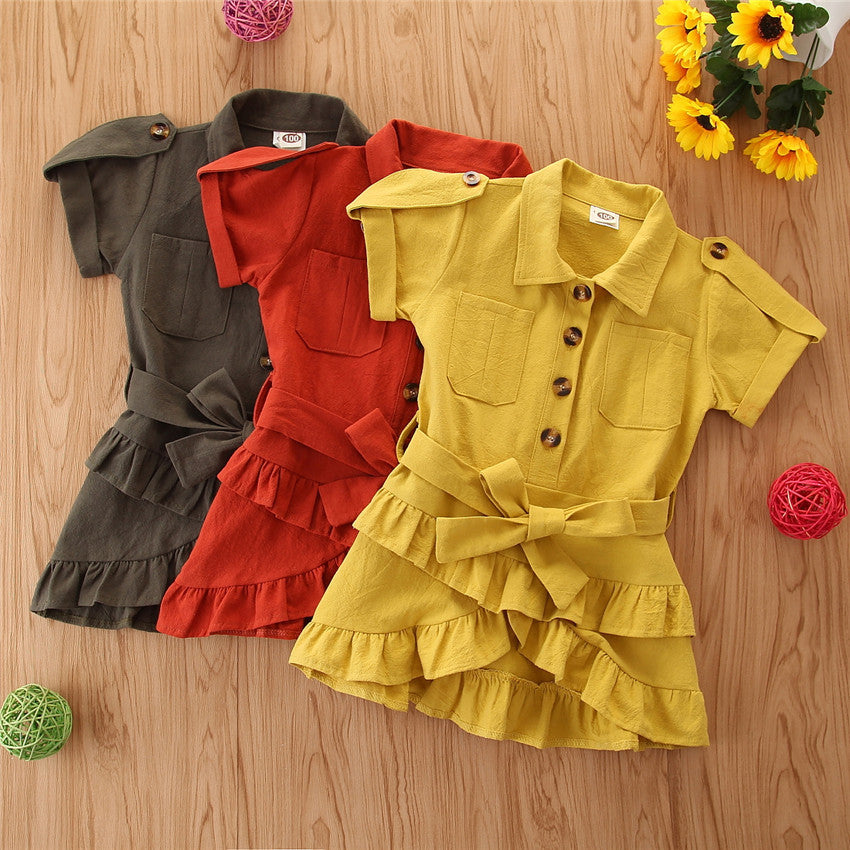 Baby Spring summer Clothing Toddler Girls Bandage Casual Dress Coat kids Ruffled Button solid dress