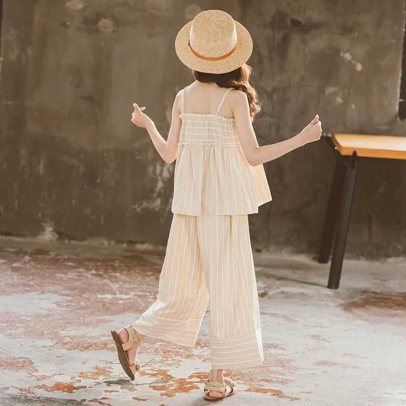 Girls' Cropped Trousers Striped Skirt Suspender Type