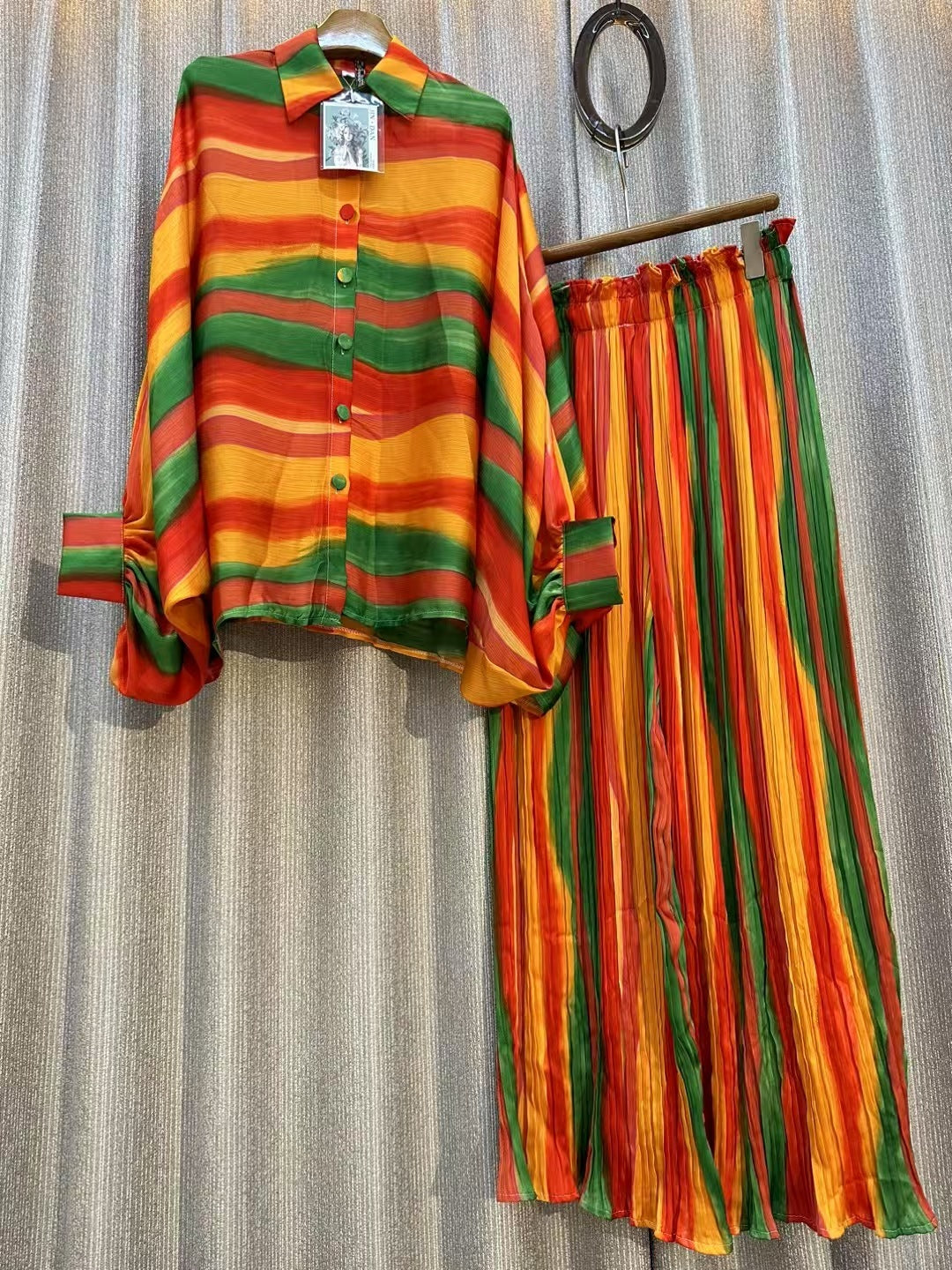 Personalized Printed Shirt Top High Waist Draped Wide Leg Pants Two-piece Set