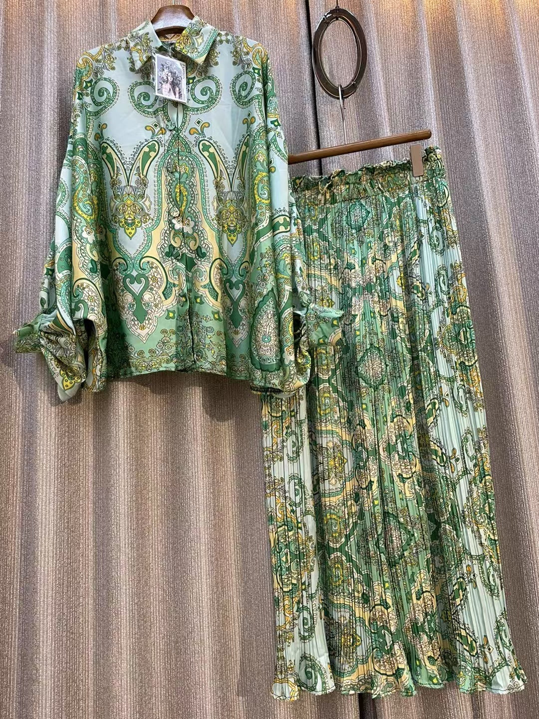 Personalized Printed Shirt Top High Waist Draped Wide Leg Pants Two-piece Set