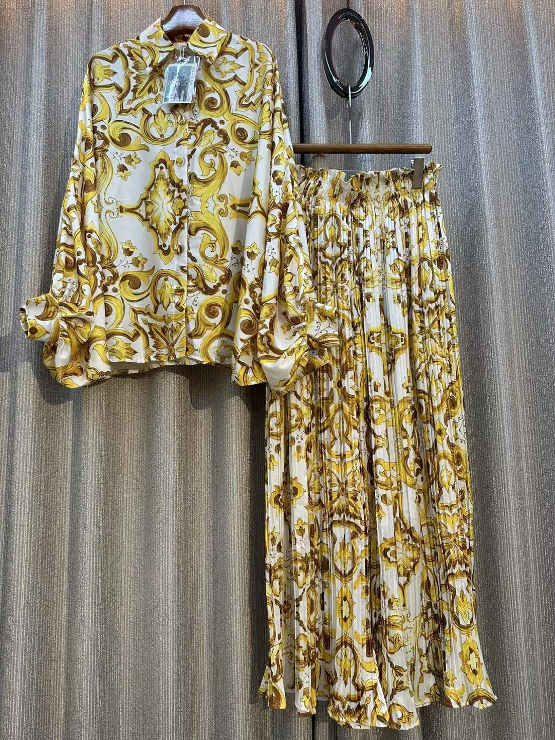 Personalized Printed Shirt Top High Waist Draped Wide Leg Pants Two-piece Set