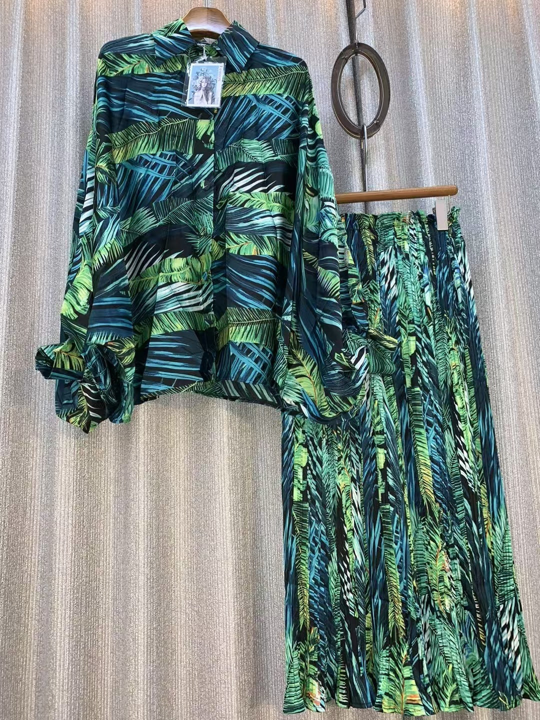 Personalized Printed Shirt Top High Waist Draped Wide Leg Pants Two-piece Set
