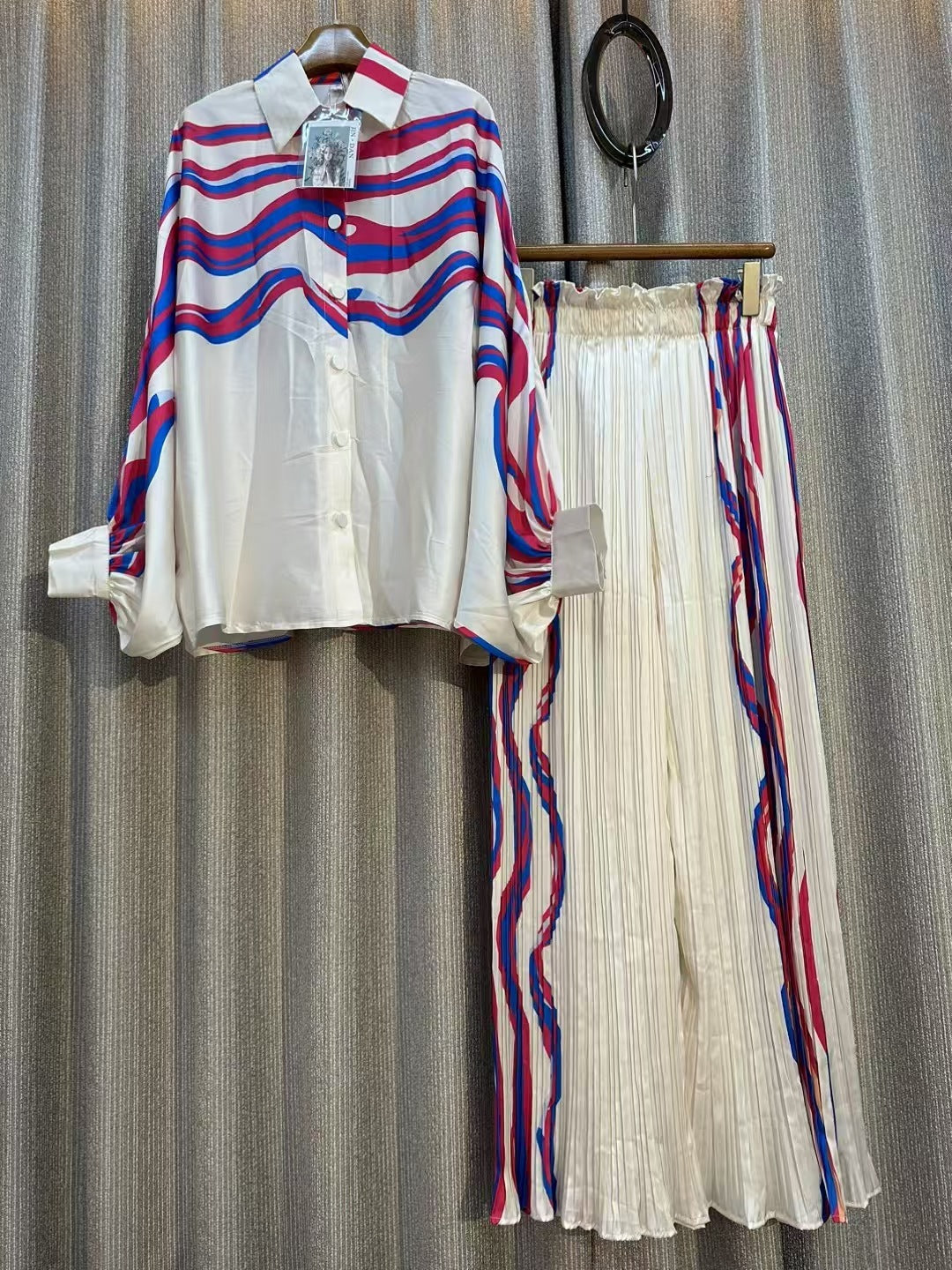 Personalized Printed Shirt Top High Waist Draped Wide Leg Pants Two-piece Set