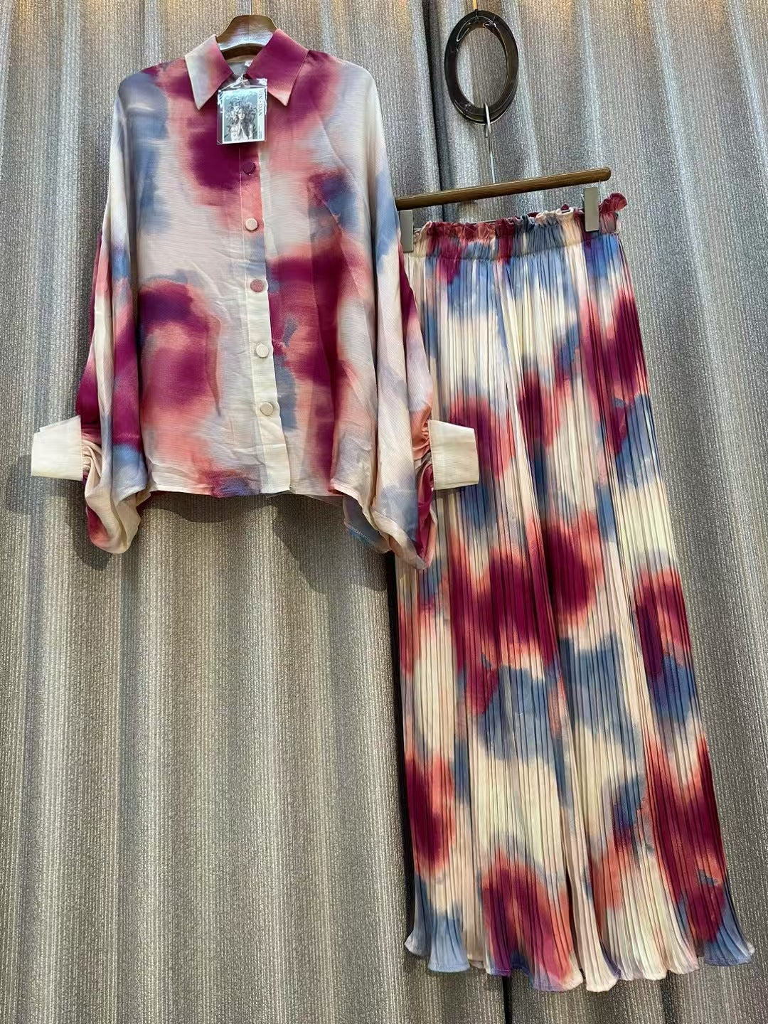 Personalized Printed Shirt Top High Waist Draped Wide Leg Pants Two-piece Set