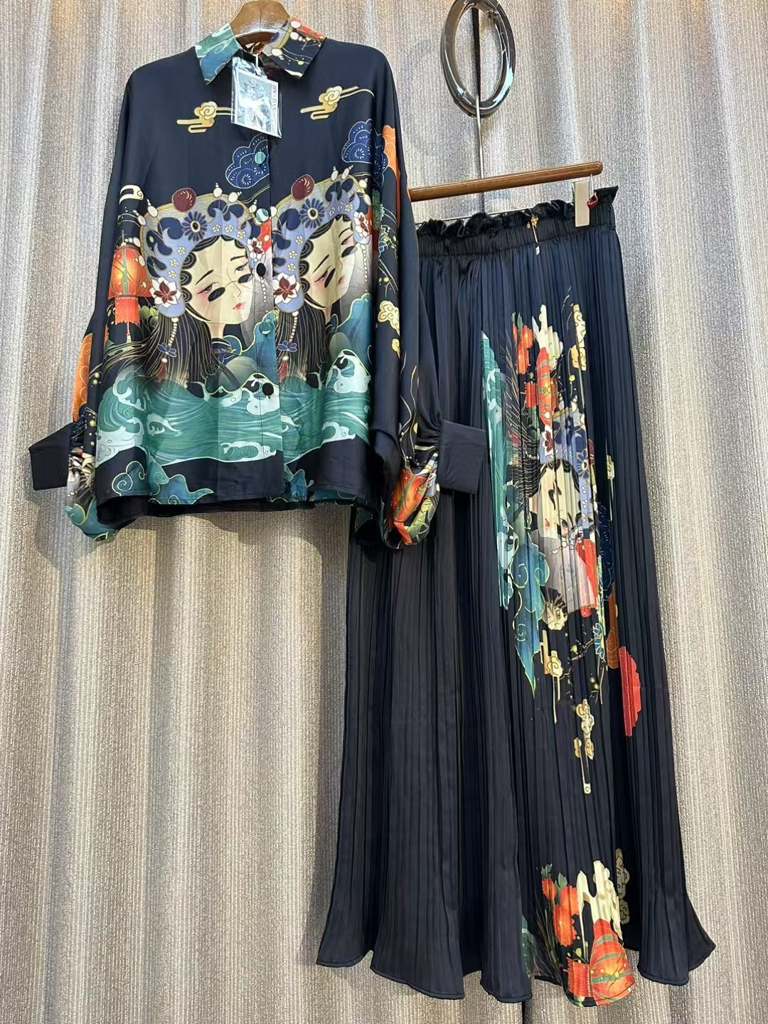 Personalized Printed Shirt Top High Waist Draped Wide Leg Pants Two-piece Set