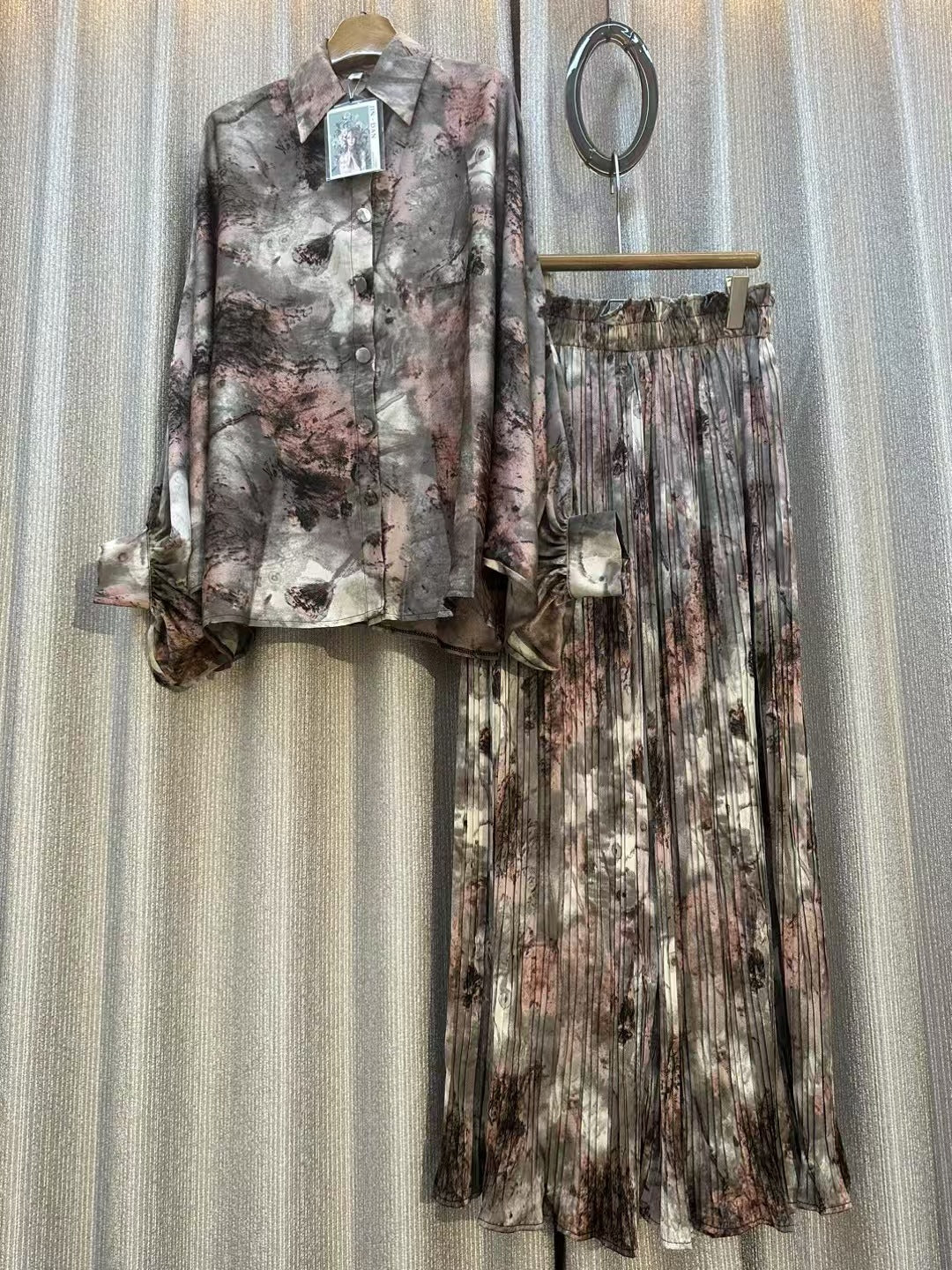 Personalized Printed Shirt Top High Waist Draped Wide Leg Pants Two-piece Set