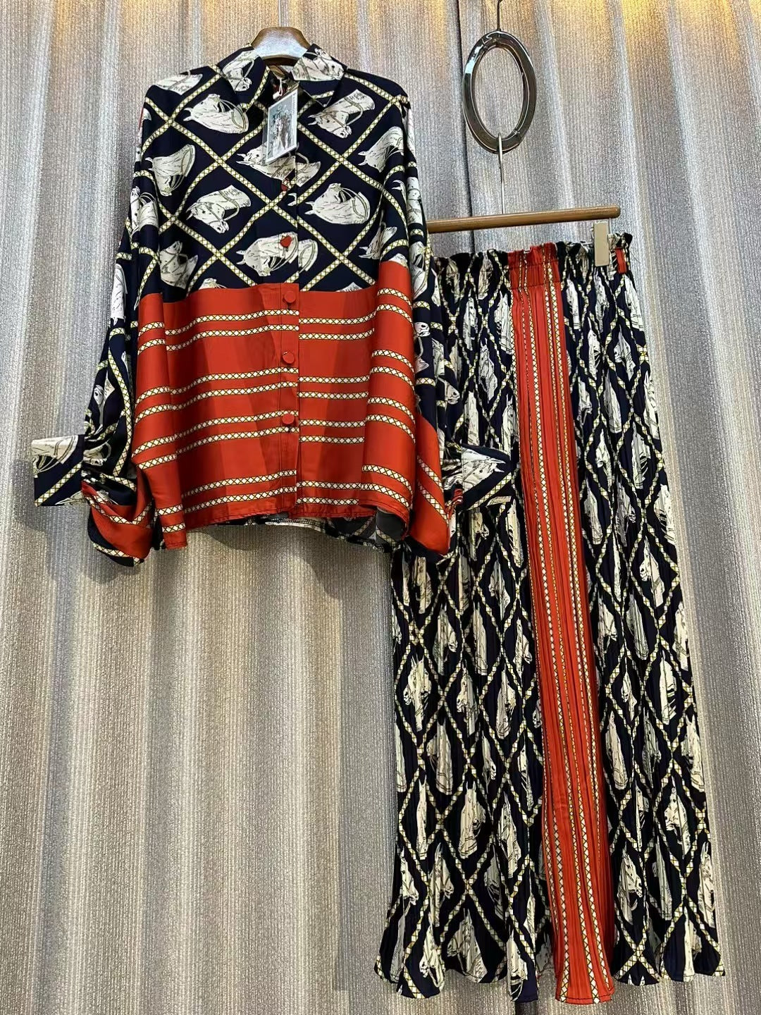 Personalized Printed Shirt Top High Waist Draped Wide Leg Pants Two-piece Set