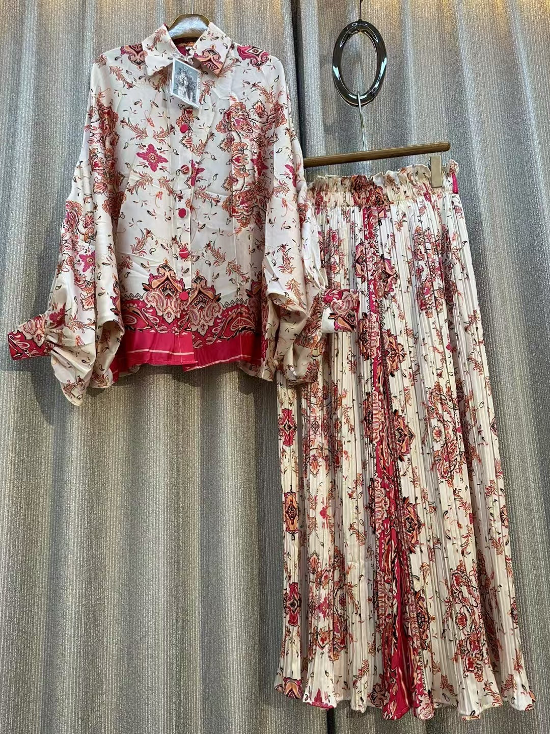 Personalized Printed Shirt Top High Waist Draped Wide Leg Pants Two-piece Set