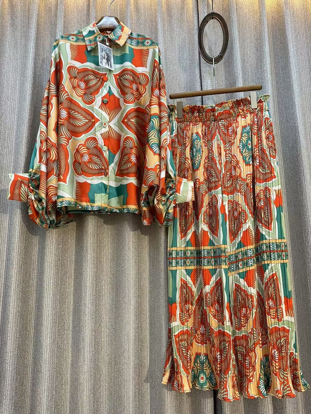 Personalized Printed Shirt Top High Waist Draped Wide Leg Pants Two-piece Set