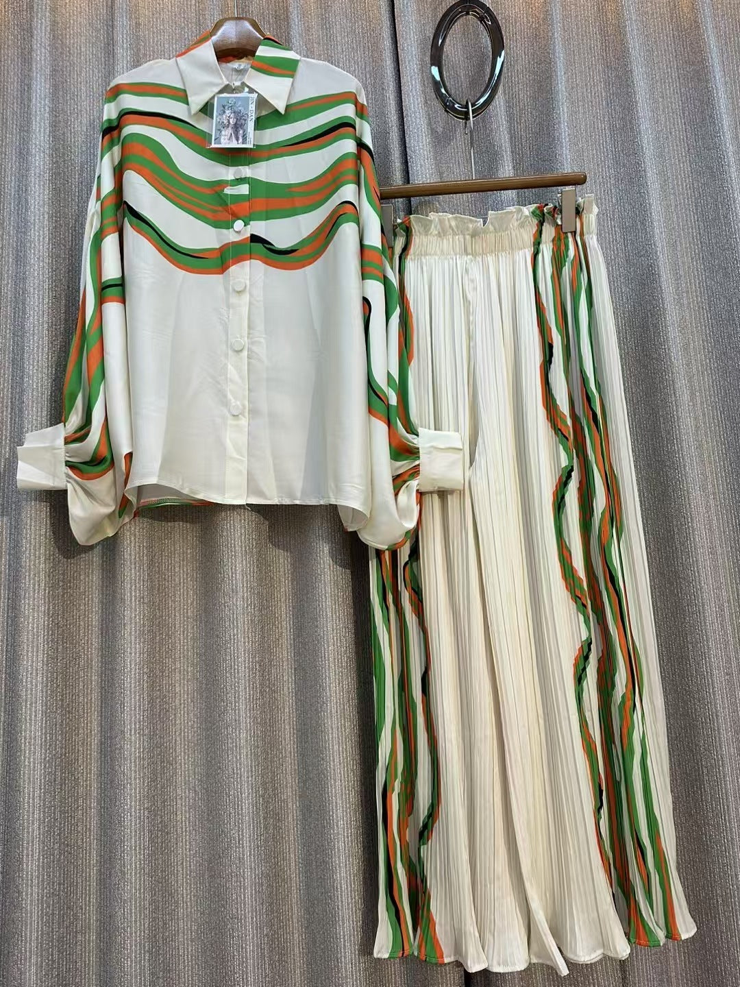 Personalized Printed Shirt Top High Waist Draped Wide Leg Pants Two-piece Set