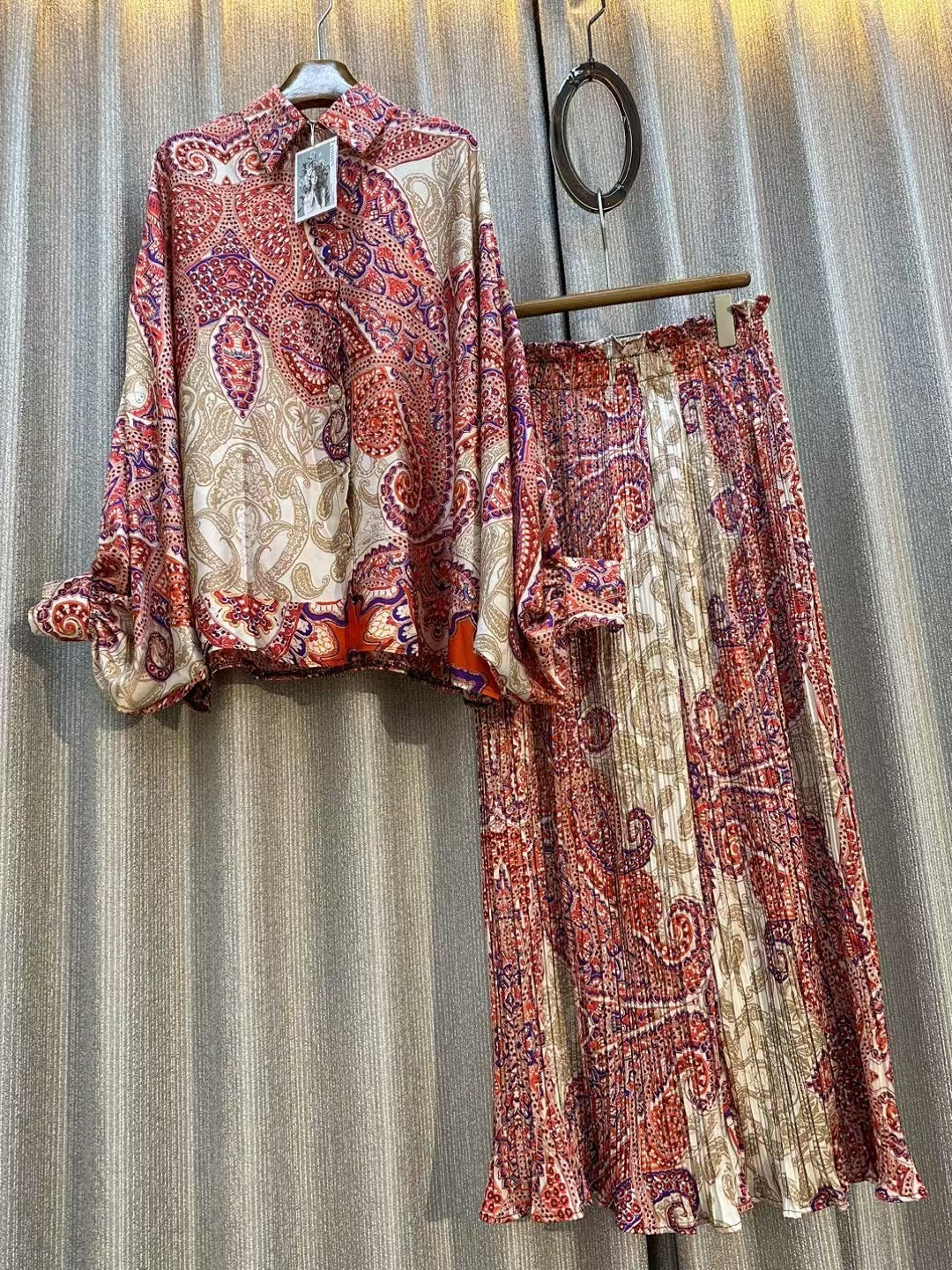 Personalized Printed Shirt Top High Waist Draped Wide Leg Pants Two-piece Set
