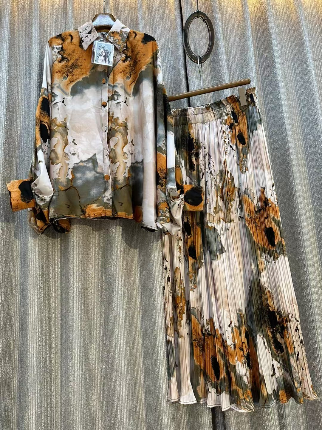 Personalized Printed Shirt Top High Waist Draped Wide Leg Pants Two-piece Set