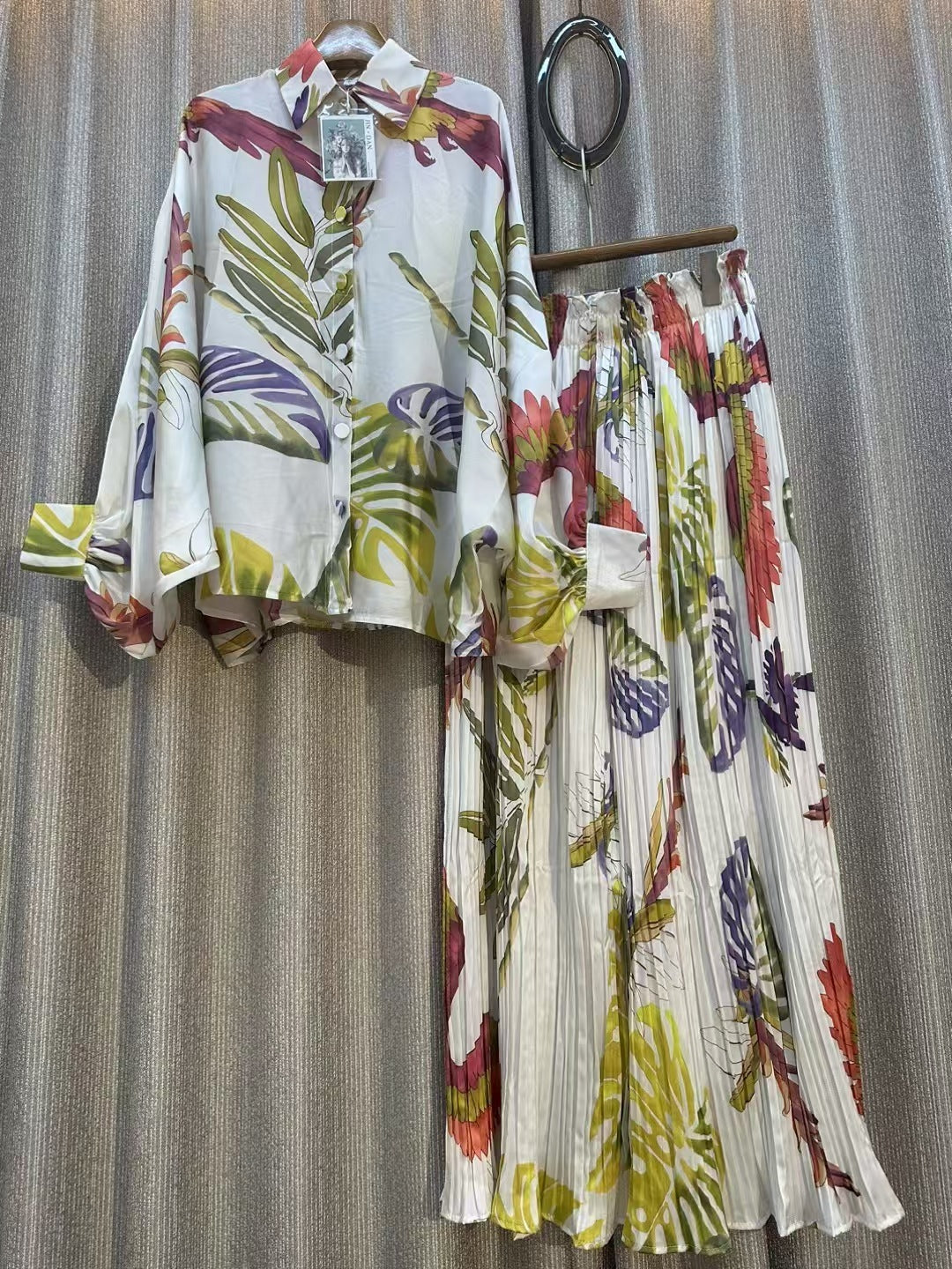 Personalized Printed Shirt Top High Waist Draped Wide Leg Pants Two-piece Set