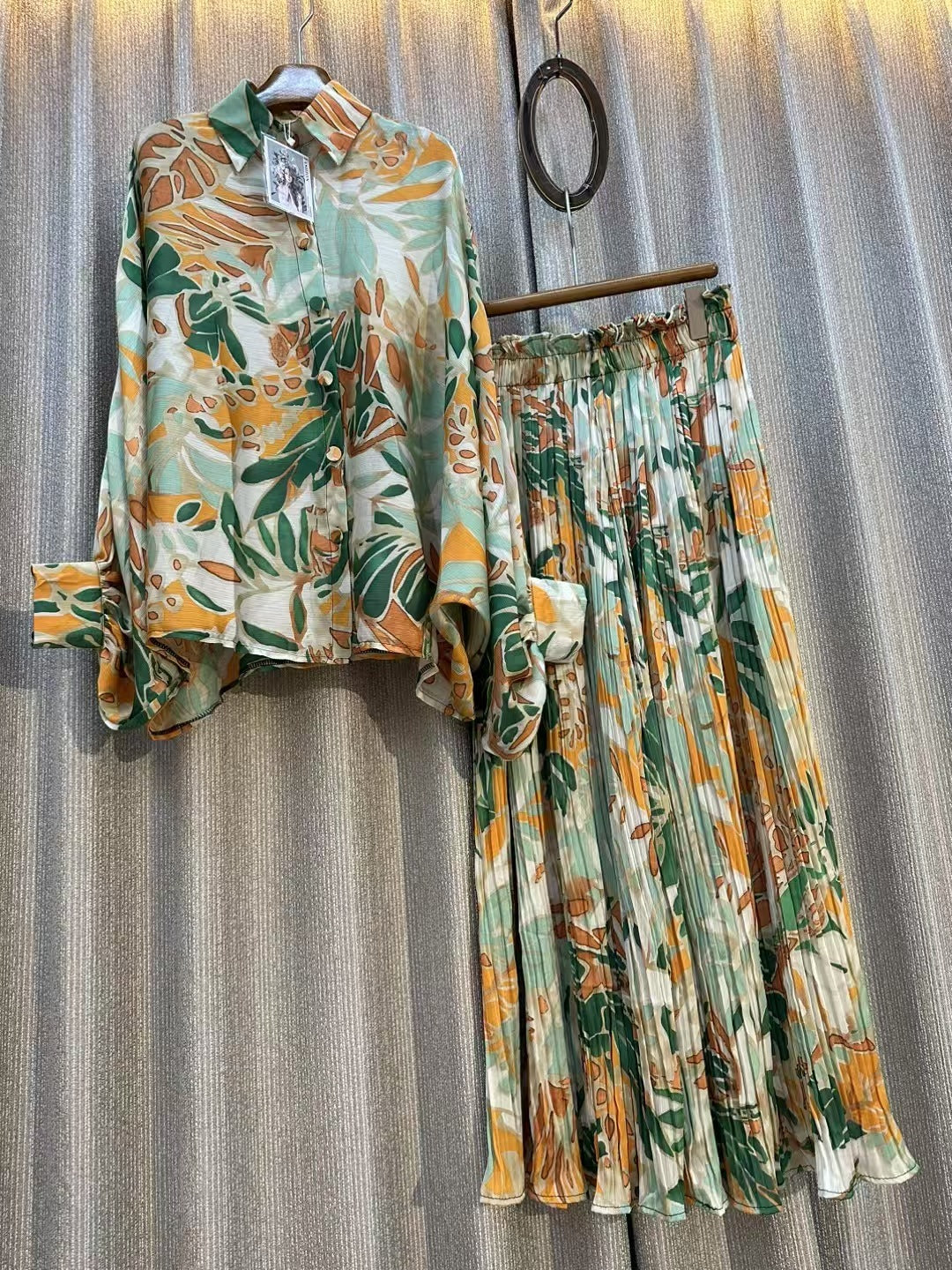 Personalized Printed Shirt Top High Waist Draped Wide Leg Pants Two-piece Set
