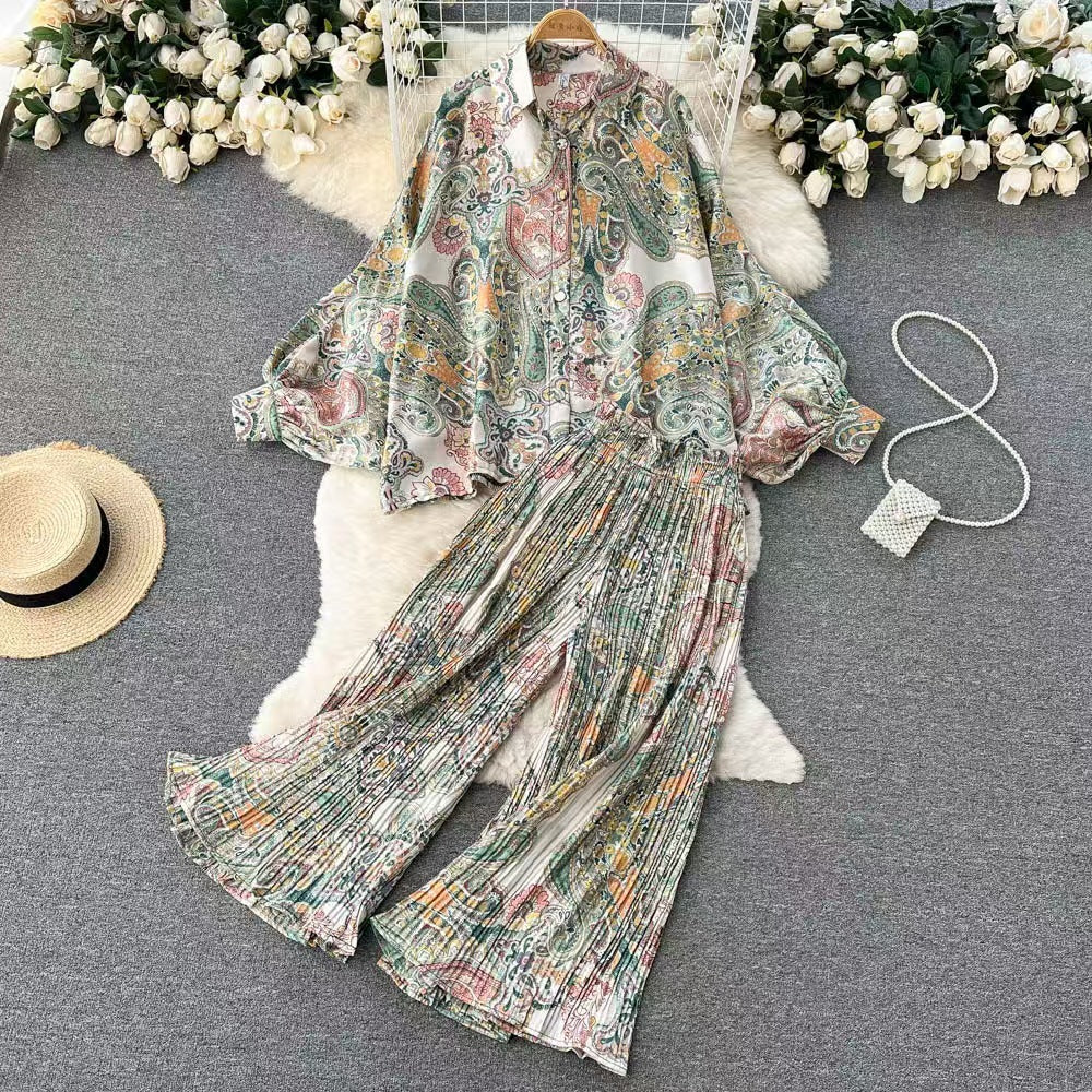 Personalized Printed Shirt Top High Waist Draped Wide Leg Pants Two-piece Set