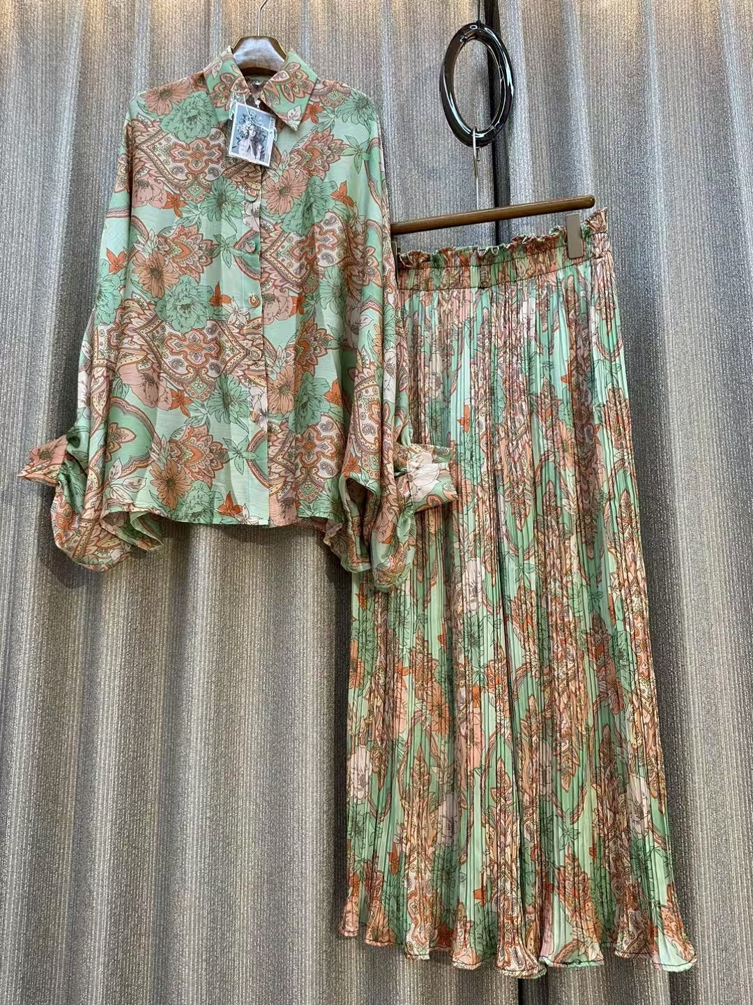 Personalized Printed Shirt Top High Waist Draped Wide Leg Pants Two-piece Set