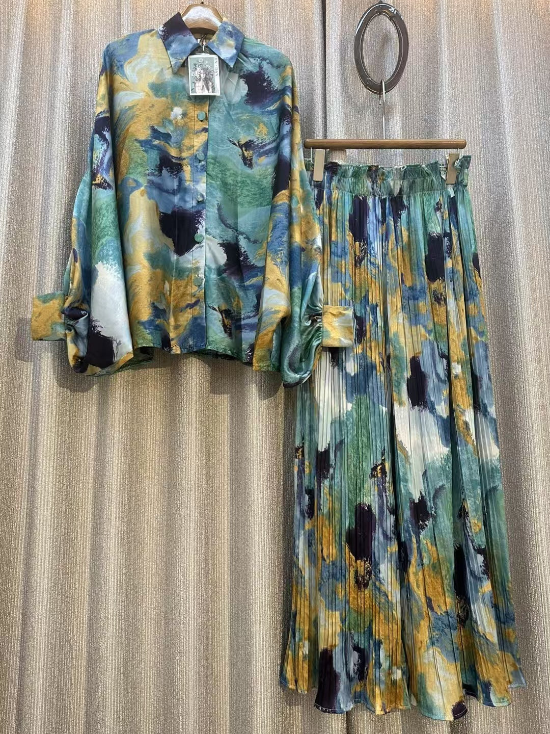 Personalized Printed Shirt Top High Waist Draped Wide Leg Pants Two-piece Set