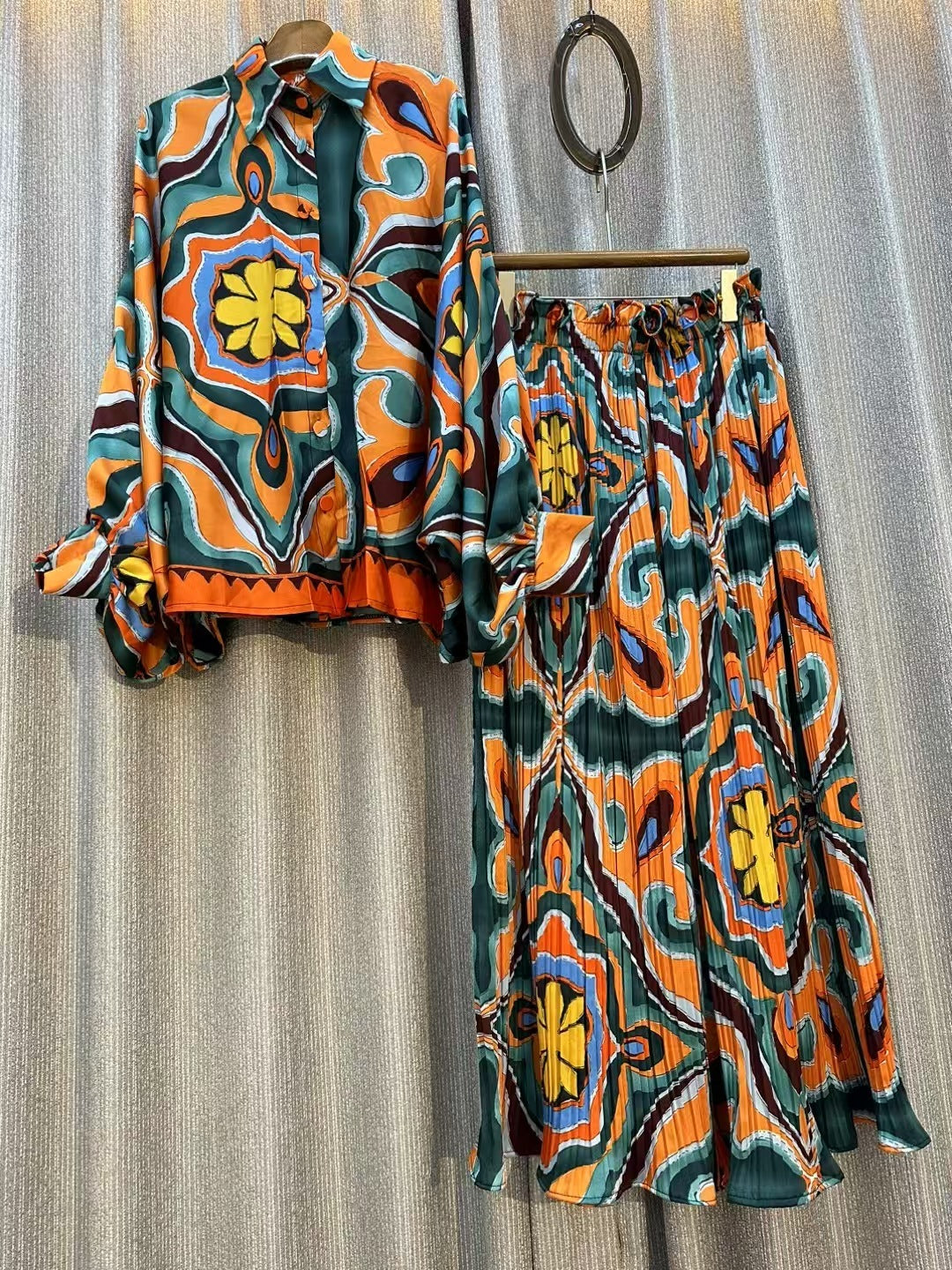 Personalized Printed Shirt Top High Waist Draped Wide Leg Pants Two-piece Set