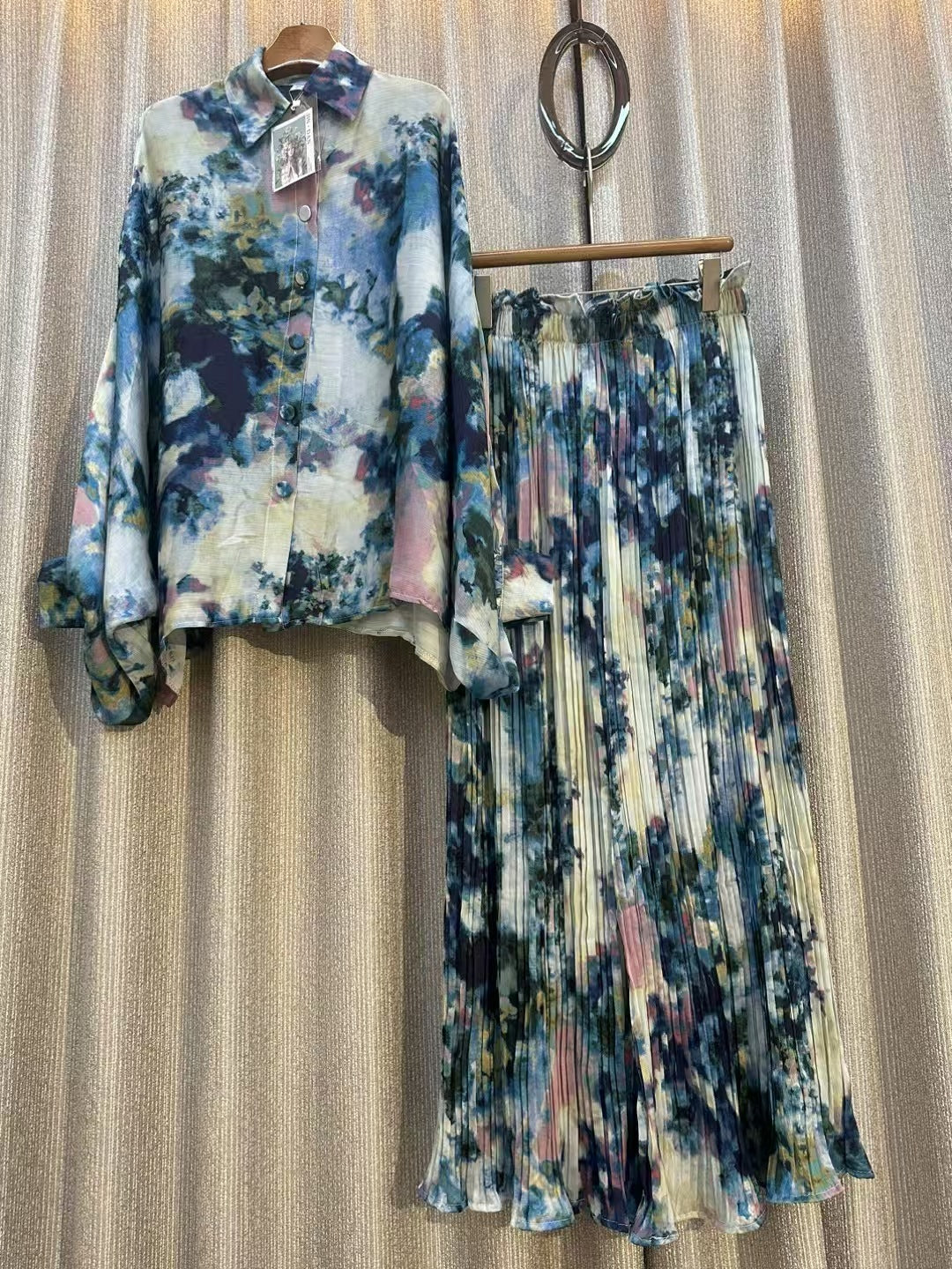 Personalized Printed Shirt Top High Waist Draped Wide Leg Pants Two-piece Set
