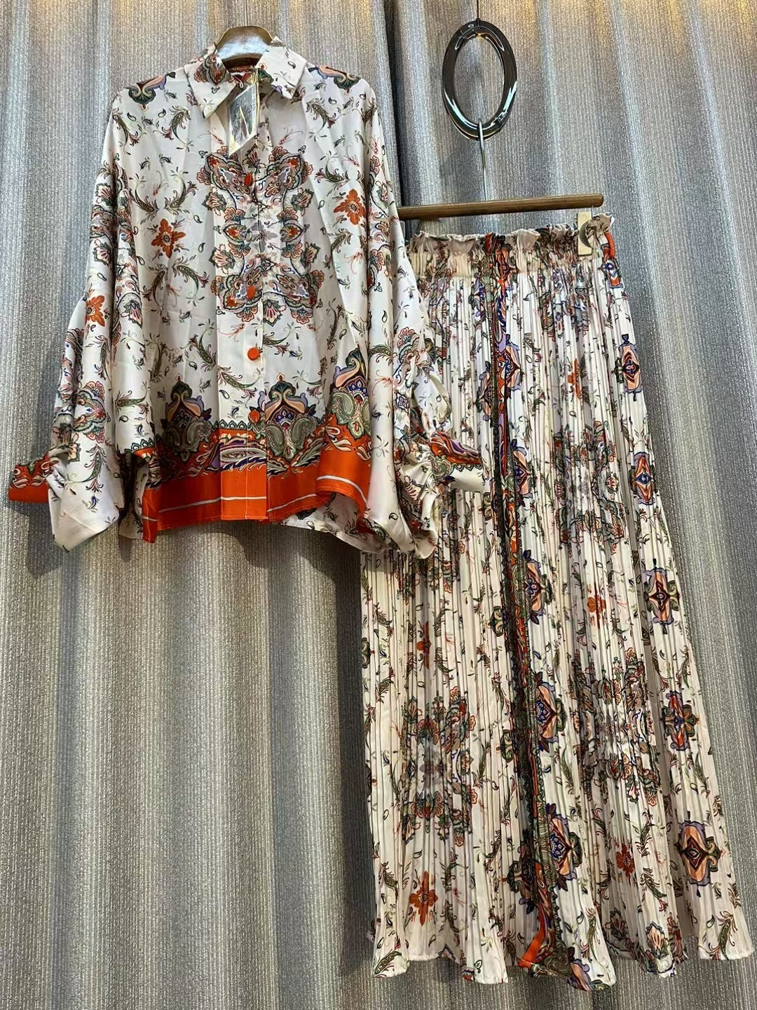 Personalized Printed Shirt Top High Waist Draped Wide Leg Pants Two-piece Set