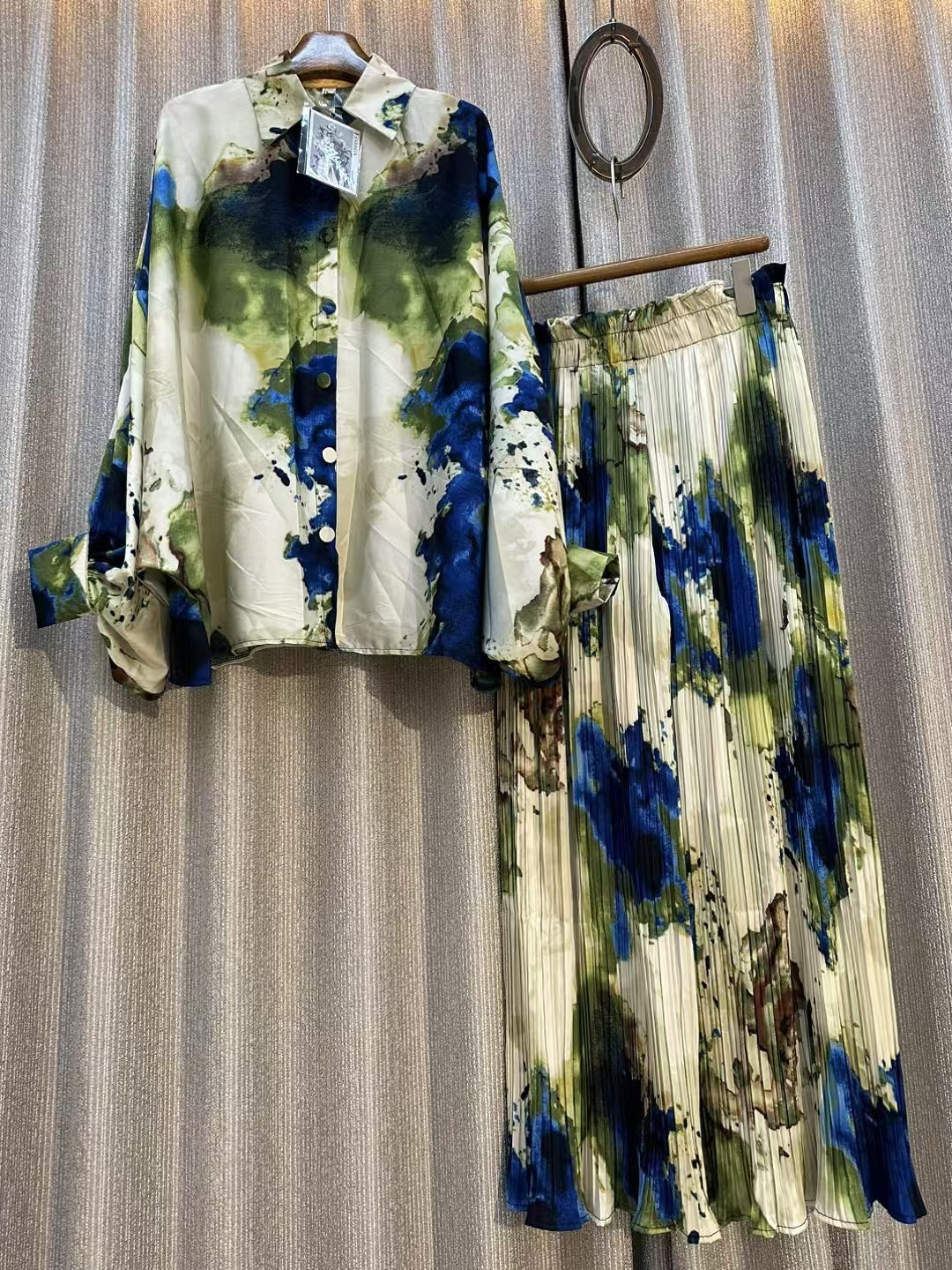 Personalized Printed Shirt Top High Waist Draped Wide Leg Pants Two-piece Set
