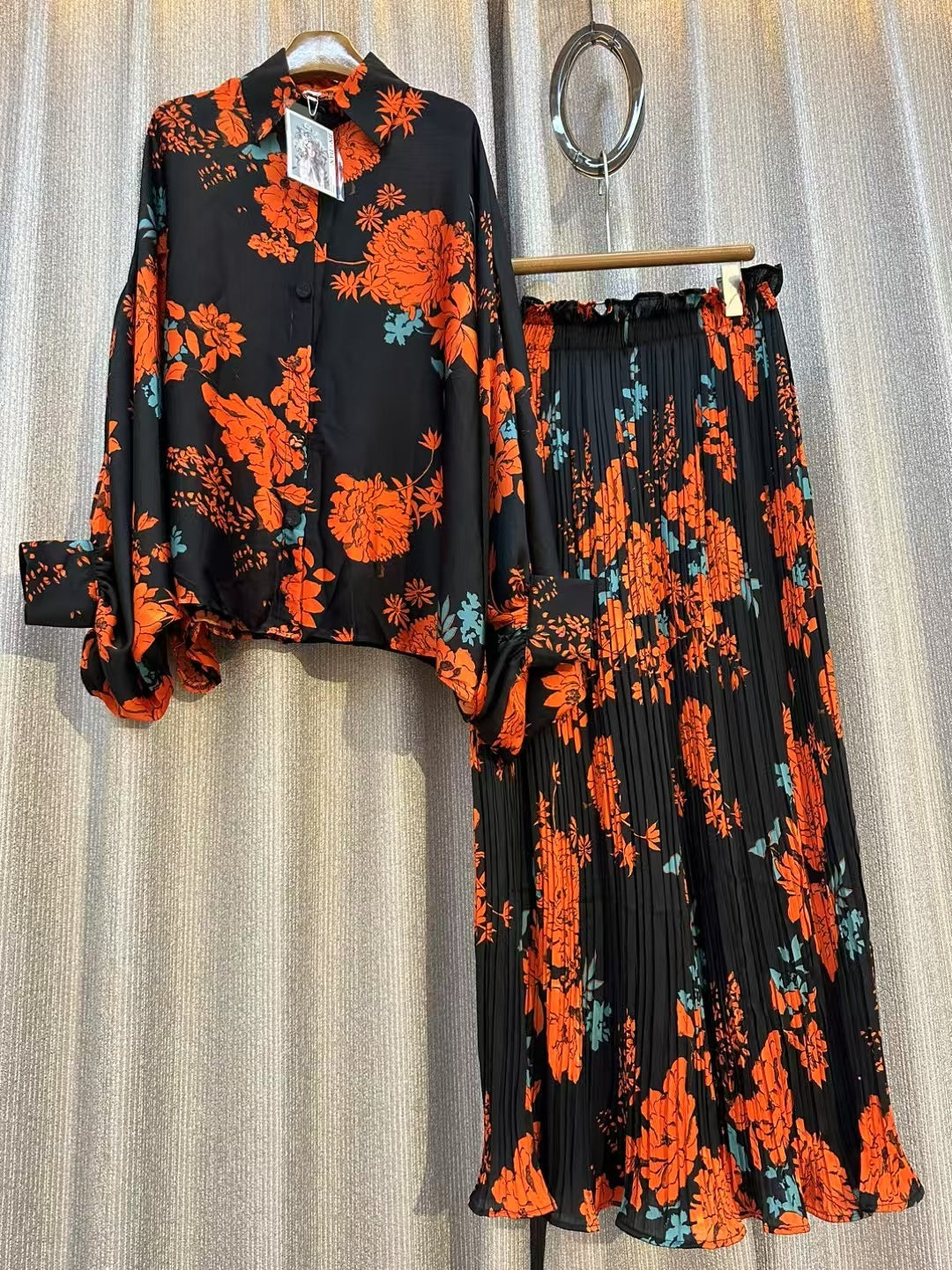 Personalized Printed Shirt Top High Waist Draped Wide Leg Pants Two-piece Set