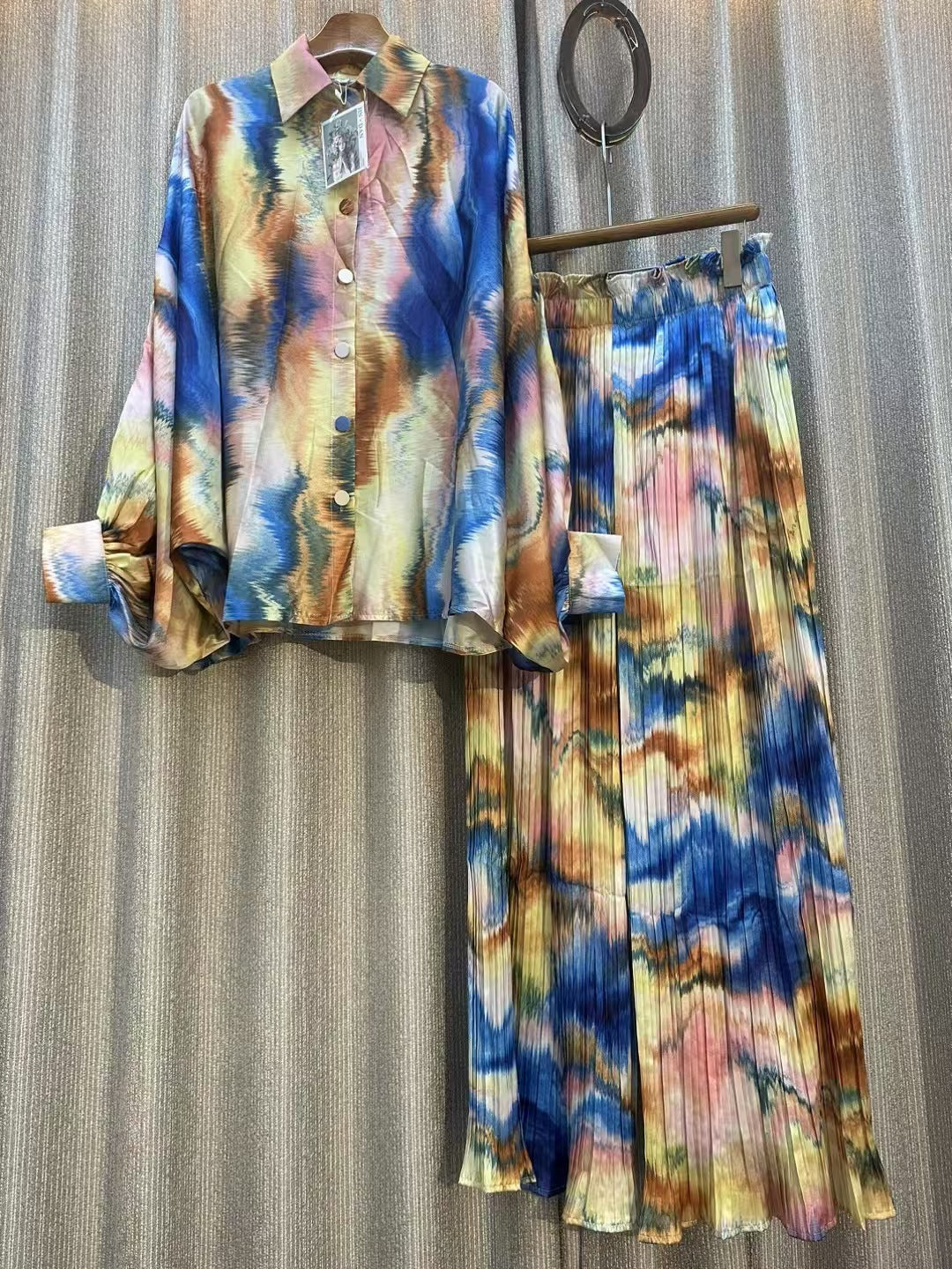 Personalized Printed Shirt Top High Waist Draped Wide Leg Pants Two-piece Set