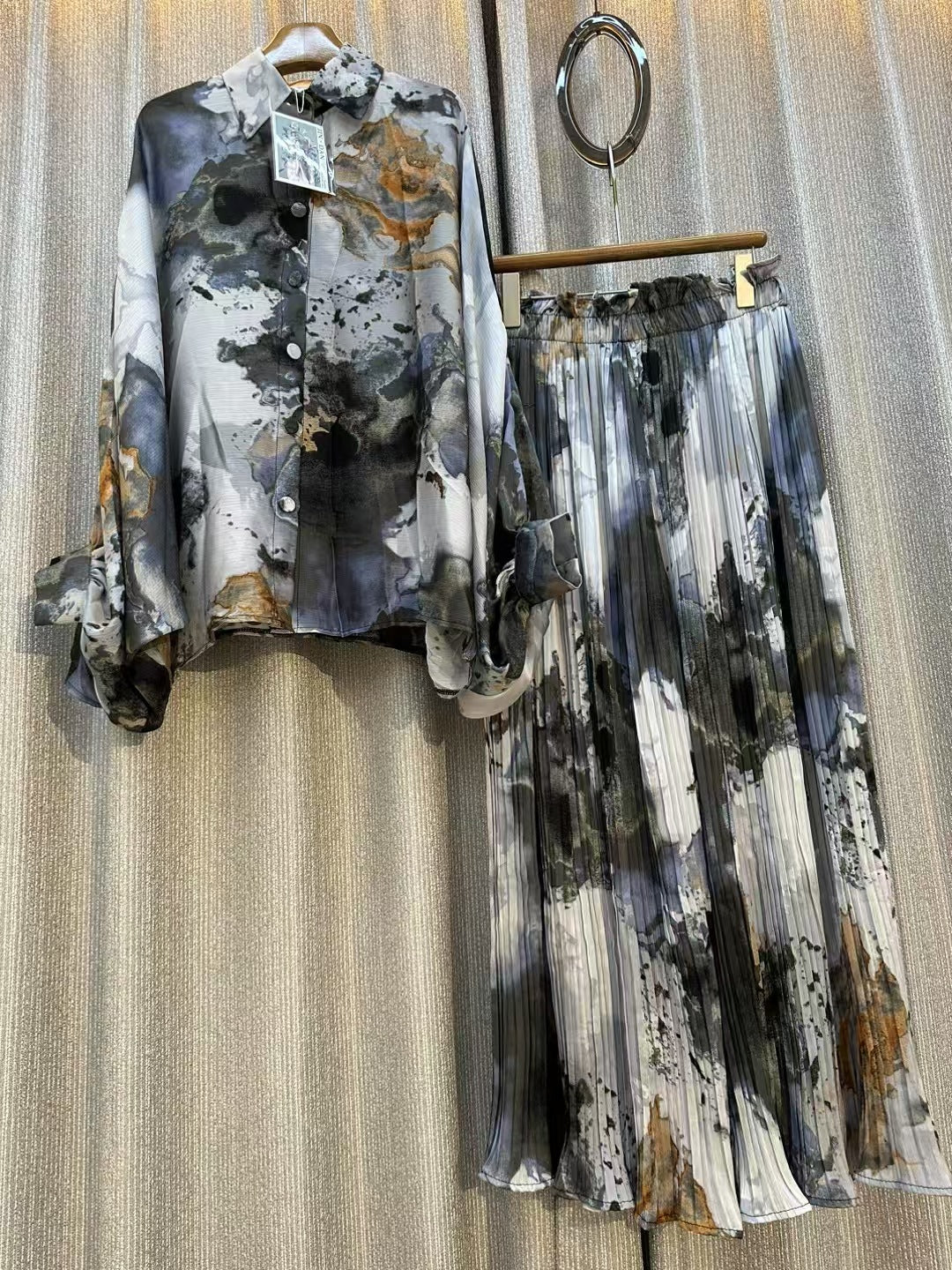 Personalized Printed Shirt Top High Waist Draped Wide Leg Pants Two-piece Set