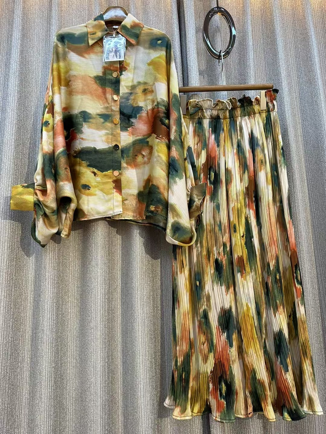 Personalized Printed Shirt Top High Waist Draped Wide Leg Pants Two-piece Set