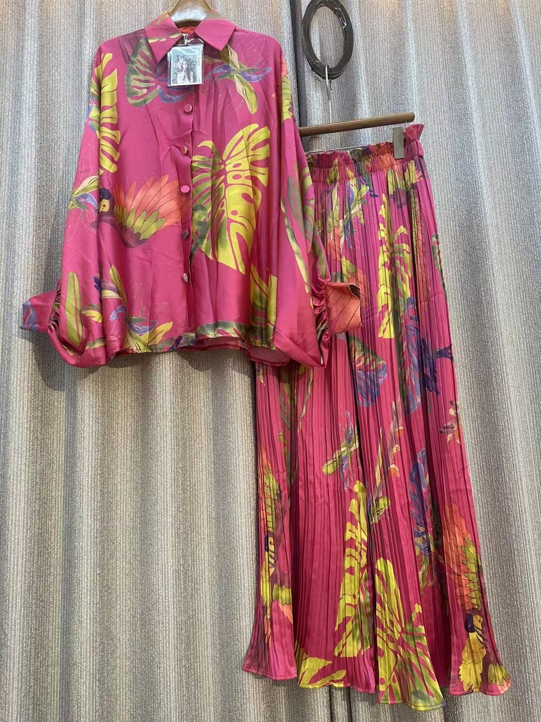 Personalized Printed Shirt Top High Waist Draped Wide Leg Pants Two-piece Set