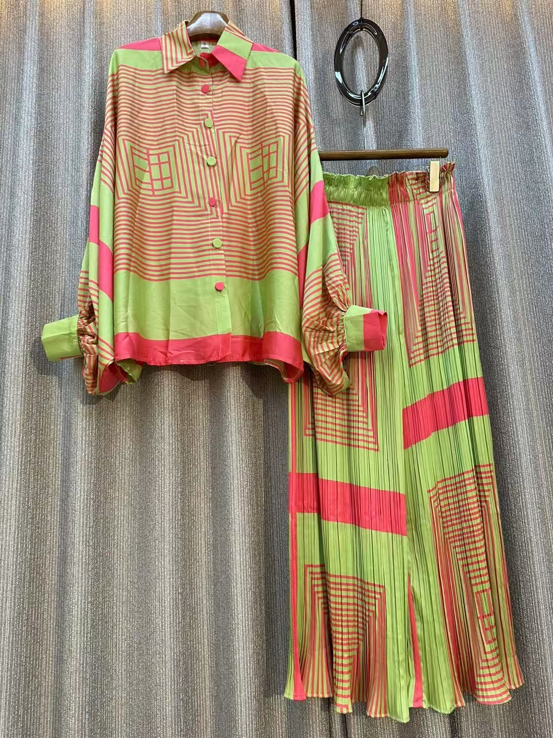 Personalized Printed Shirt Top High Waist Draped Wide Leg Pants Two-piece Set