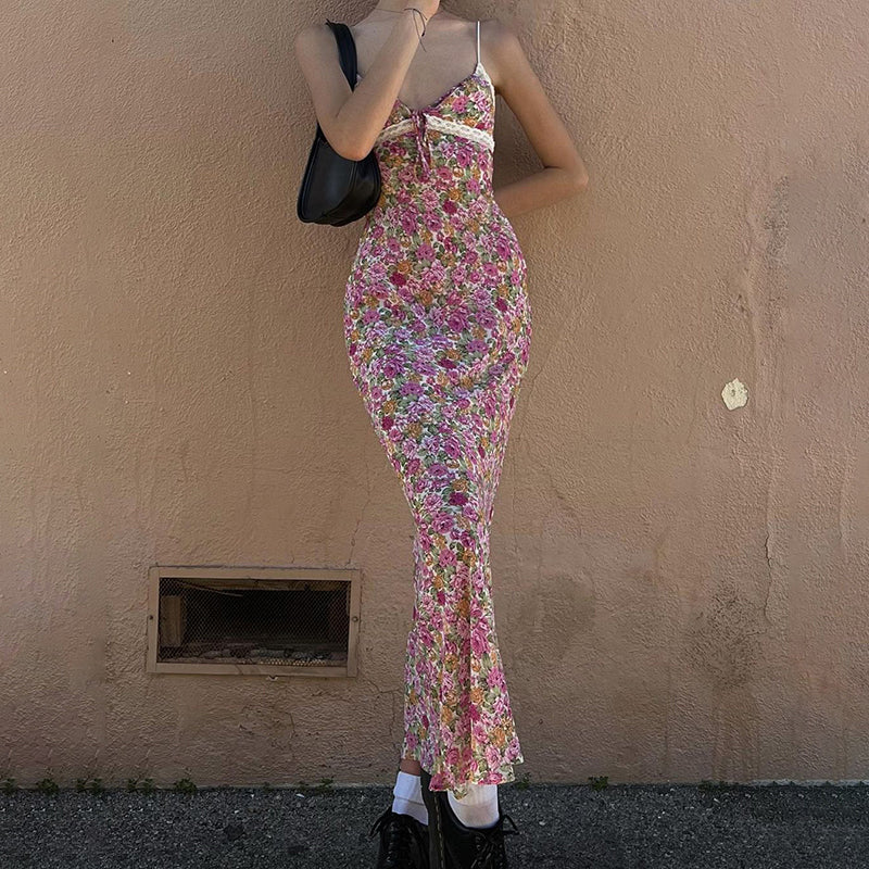 wsevypo Flowers Print Spaghetti Straps Wrap Long Dress 90s E-girl Aesthetic Women Summer Sleeveless Tie Up V-Neck Sundress