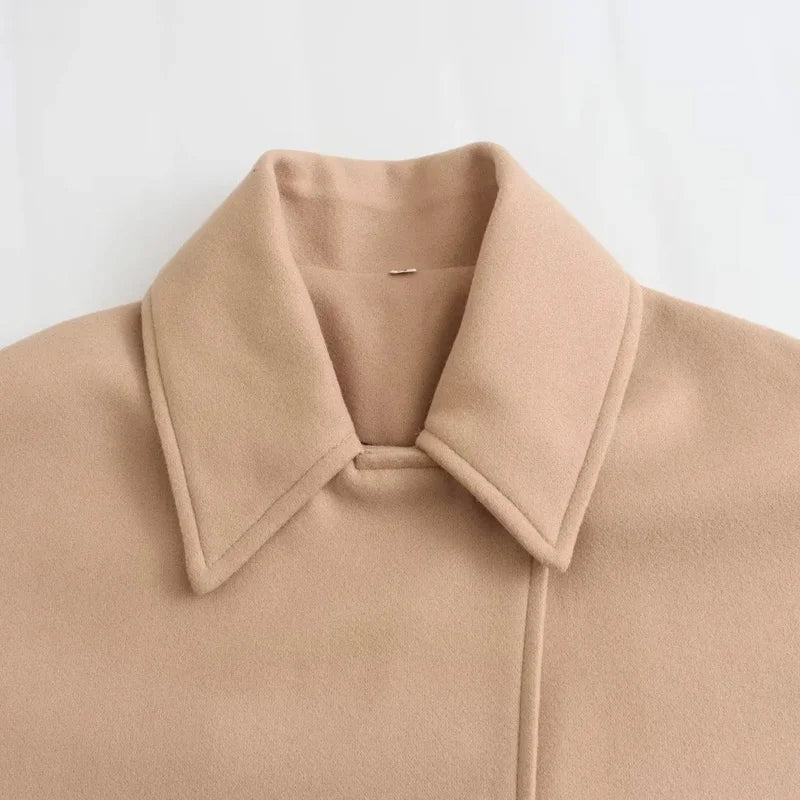 TRAF Women's Wool&Blend Coat Outerwear 2024 Autumn Winter Elegant Long Sleeve Coat Ladies Fashion Office Khaki Green Black Coat