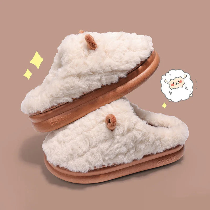 Warm Winter Women Slipper Sandals Home Cotton Shoes Eva Faux Plush Fur 4Cm Thick Platform Adorable Lamb Men Slipper For Indoor