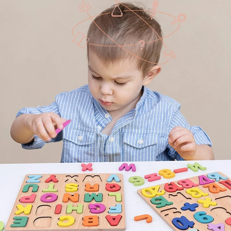 Colorful Alphabet Number Wooden Puzzles Montessori Toys Shape Matching Games for Preschool Children Early Education Kids Juguete