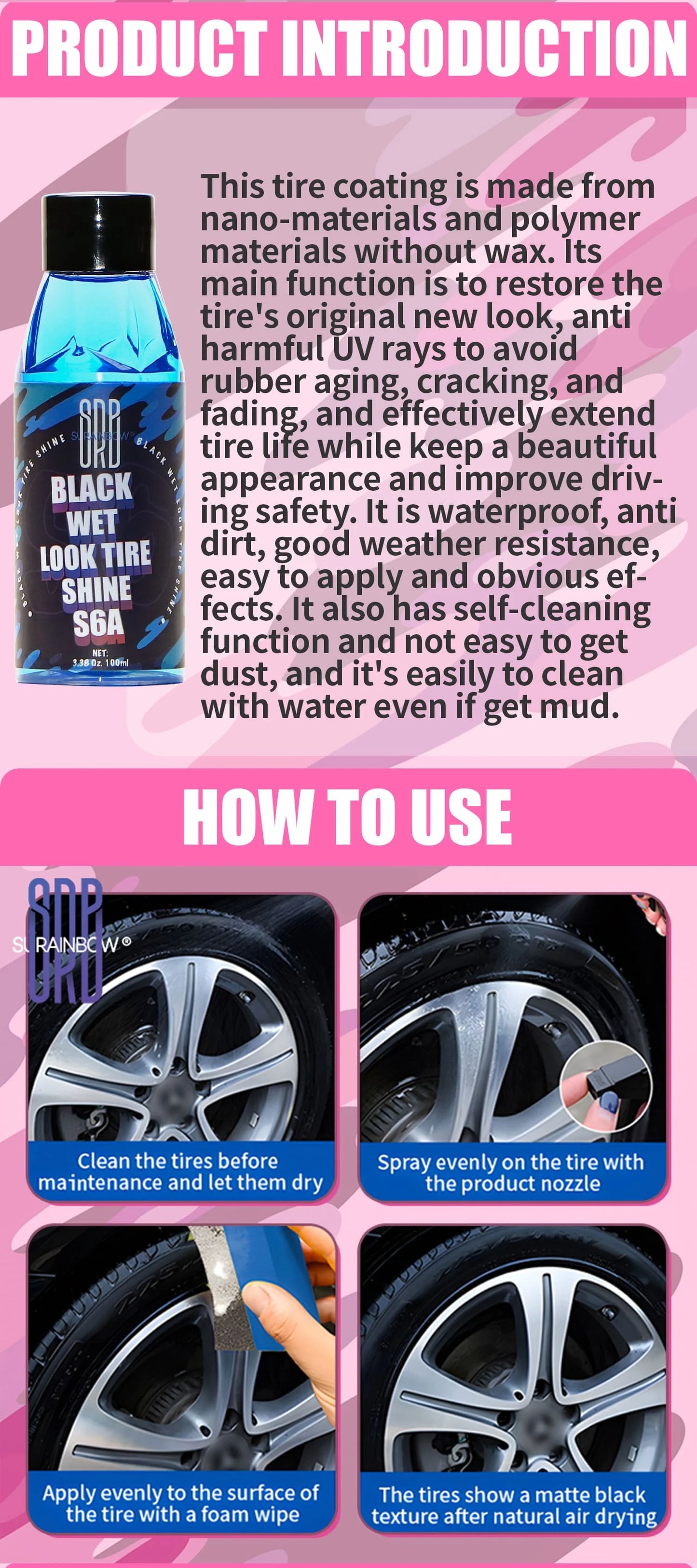 Black Wet Look Tire Shine Dressing,for a Whole New Level of Shine and Depth of Black,Safe for Cars,Trucks,Motorcycles,RVs & More