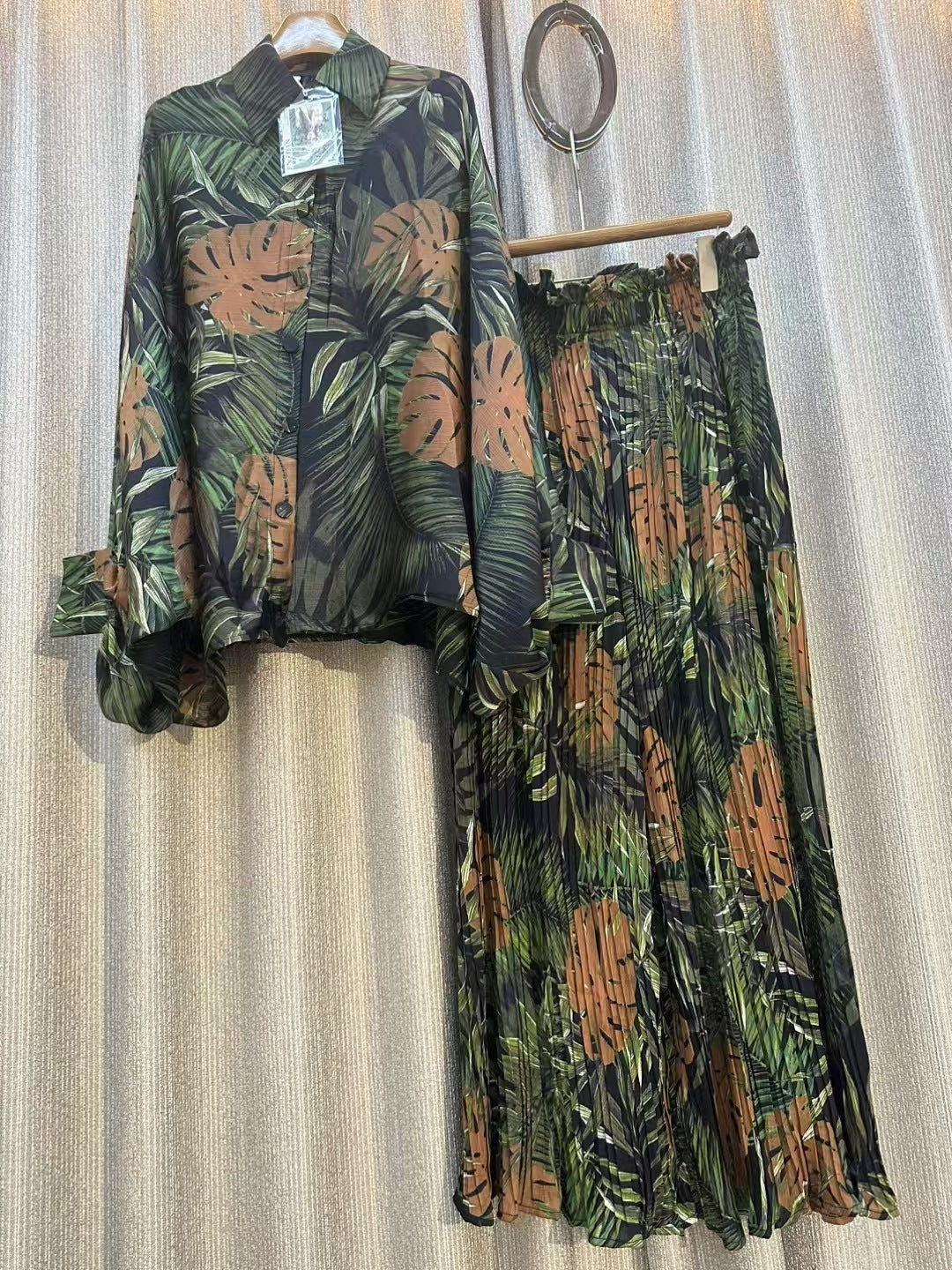 Personalized Printed Shirt Top High Waist Draped Wide Leg Pants Two-piece Set
