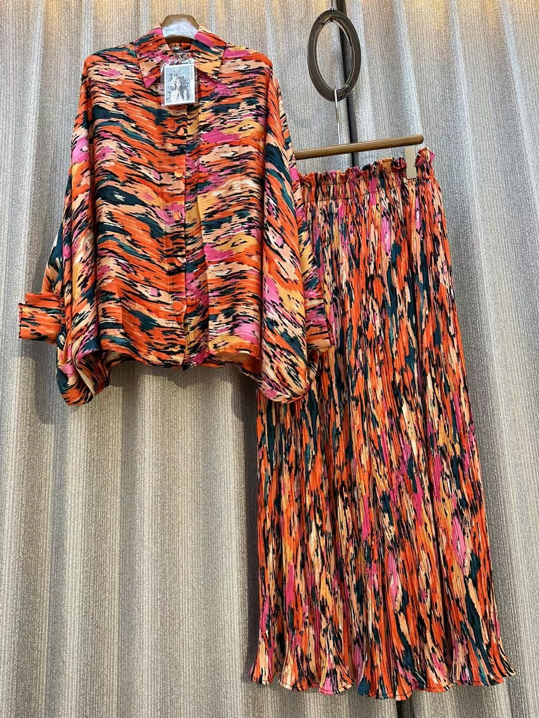 Personalized Printed Shirt Top High Waist Draped Wide Leg Pants Two-piece Set