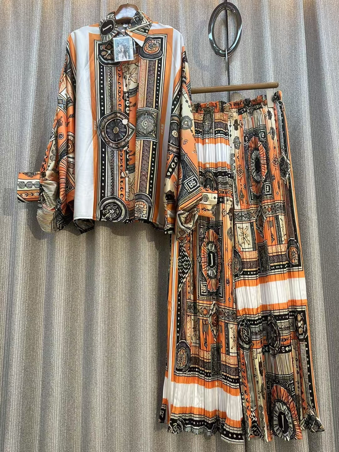 Personalized Printed Shirt Top High Waist Draped Wide Leg Pants Two-piece Set