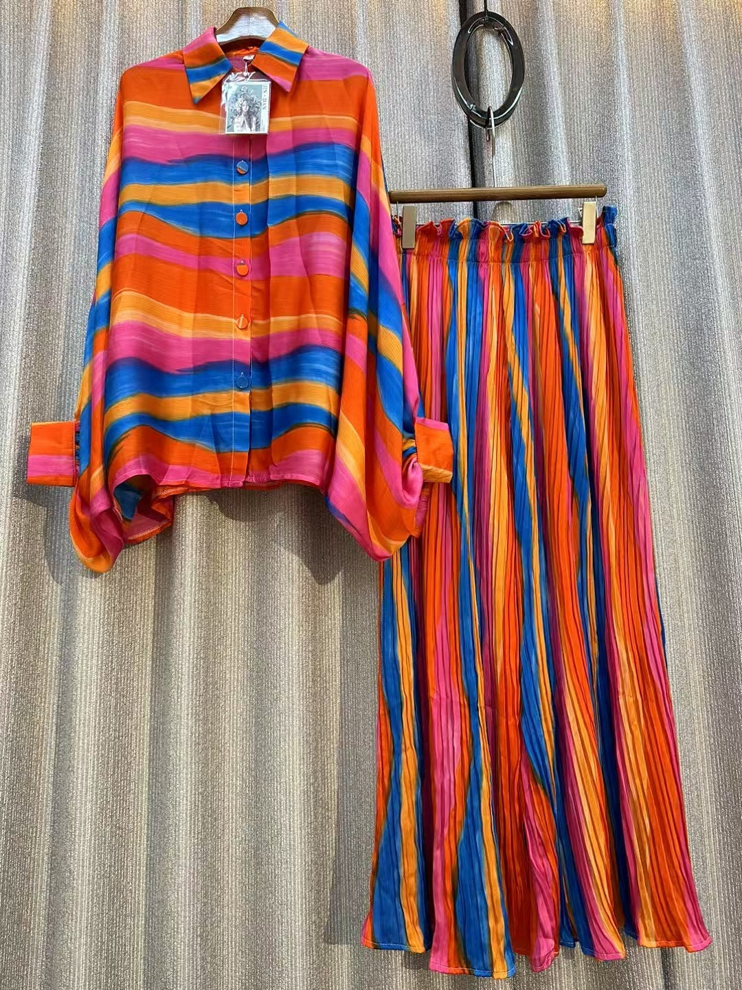 Personalized Printed Shirt Top High Waist Draped Wide Leg Pants Two-piece Set