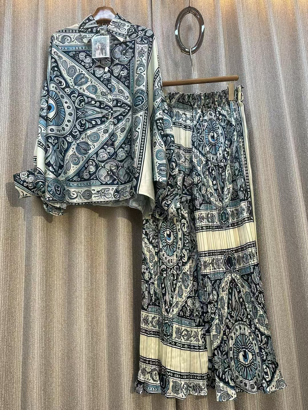 Personalized Printed Shirt Top High Waist Draped Wide Leg Pants Two-piece Set