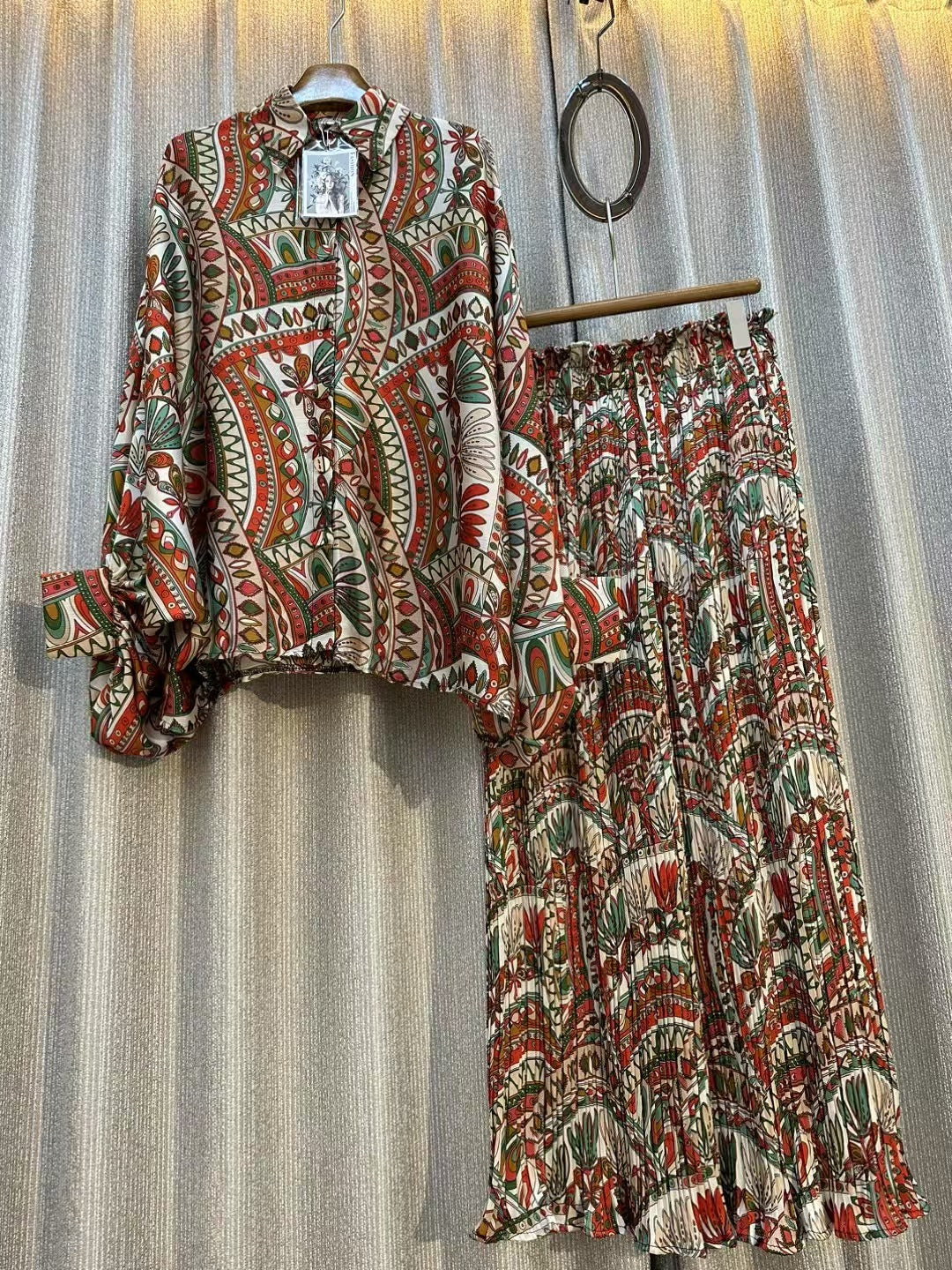 Personalized Printed Shirt Top High Waist Draped Wide Leg Pants Two-piece Set