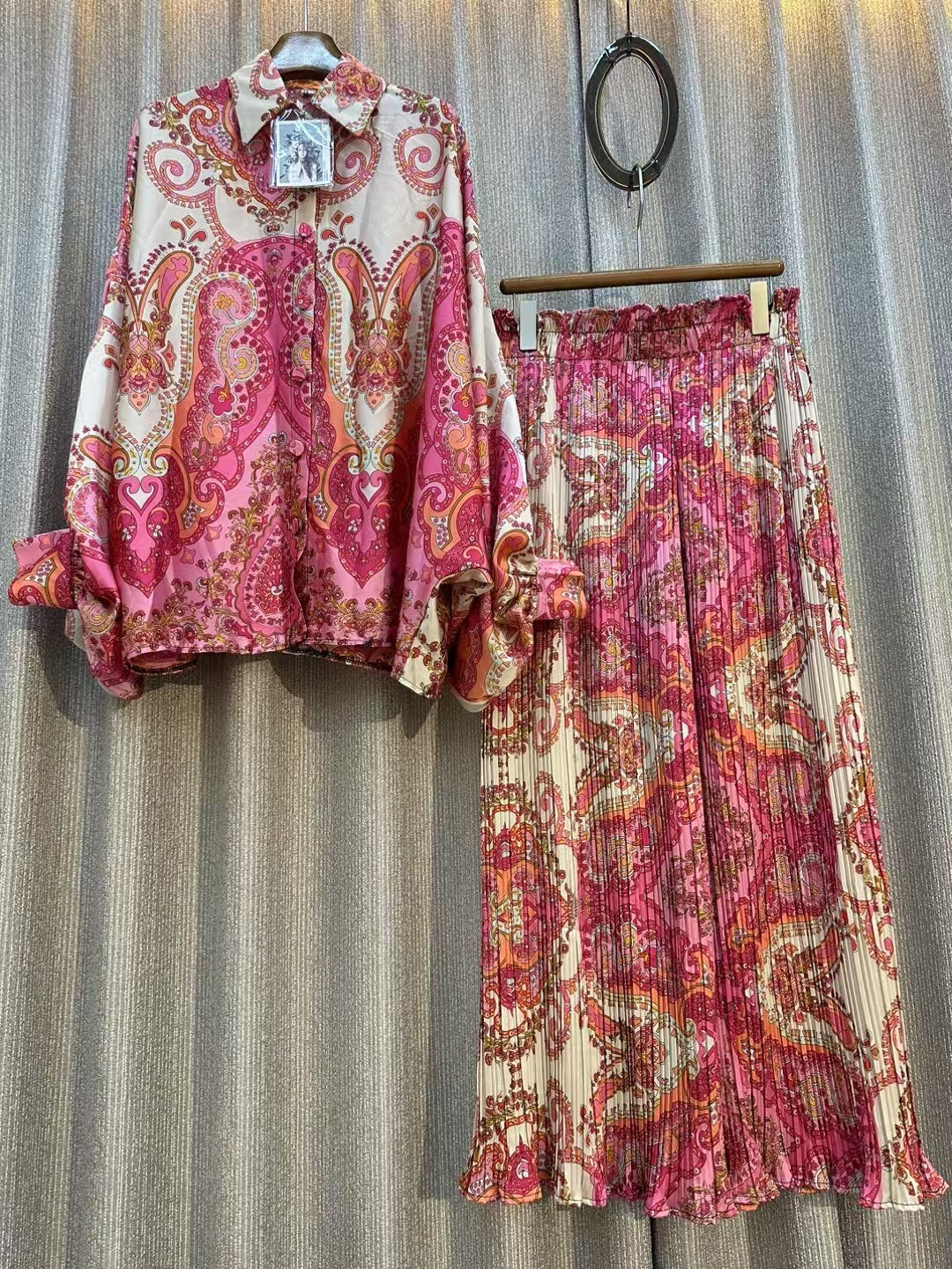 Personalized Printed Shirt Top High Waist Draped Wide Leg Pants Two-piece Set